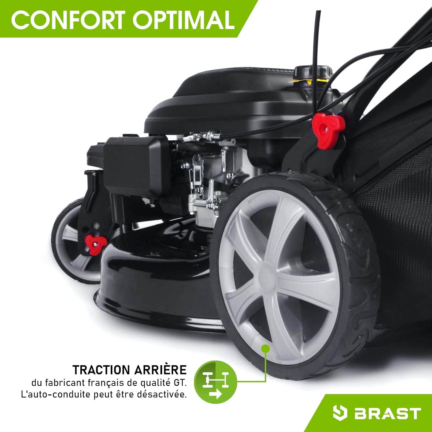 BRAST tondeuse thermique 3 roues TRIKE E-START 224cc 53cm tractée démarrage électrique mulching 4en1 capot en tôle en acier 60l - moteur 4 temps de la marque française GT reglable