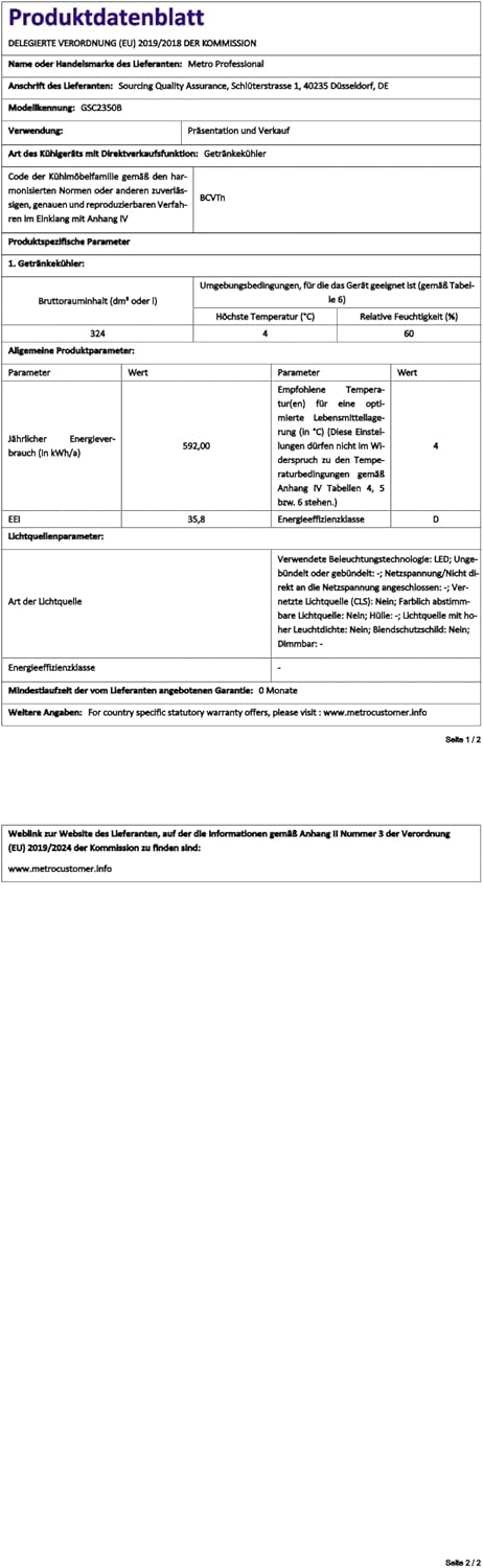 METRO Professional Réfrigérateur à Boissons GSC2360B, Acier/Verre, 62 x 63.6 x 175.3 cm, 347 L, avec Serrure, Noir