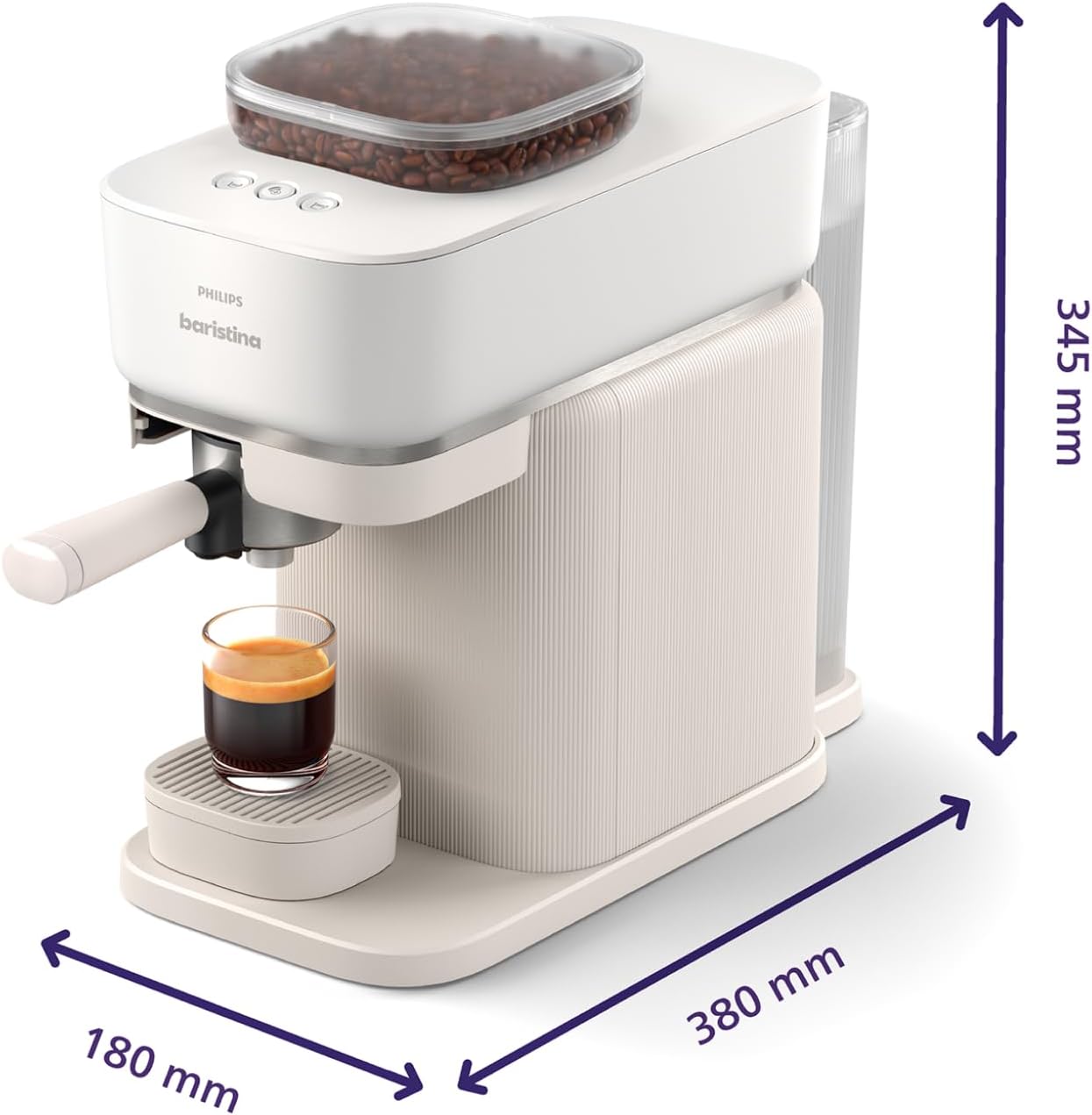 Philips Baristina Machine à expresso - Un véritable expresso, en toute simplicité - Compacte - 16 bars de pression - Broyeur intégré - Machine blanche avec porte-filtre blanc (BAR300/00)