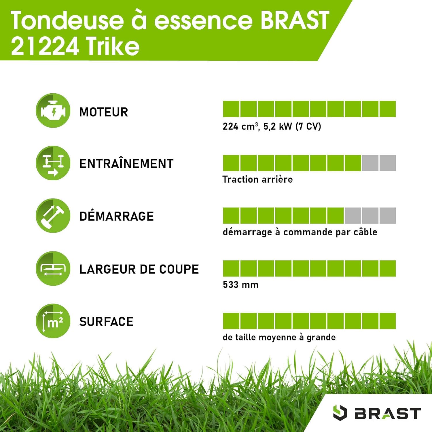 BRAST tondeuse thermique 3 roues TRIKE E-START 224cc 53cm tractée démarrage électrique mulching 4en1 capot en tôle en acier 60l - moteur 4 temps de la marque française GT reglable