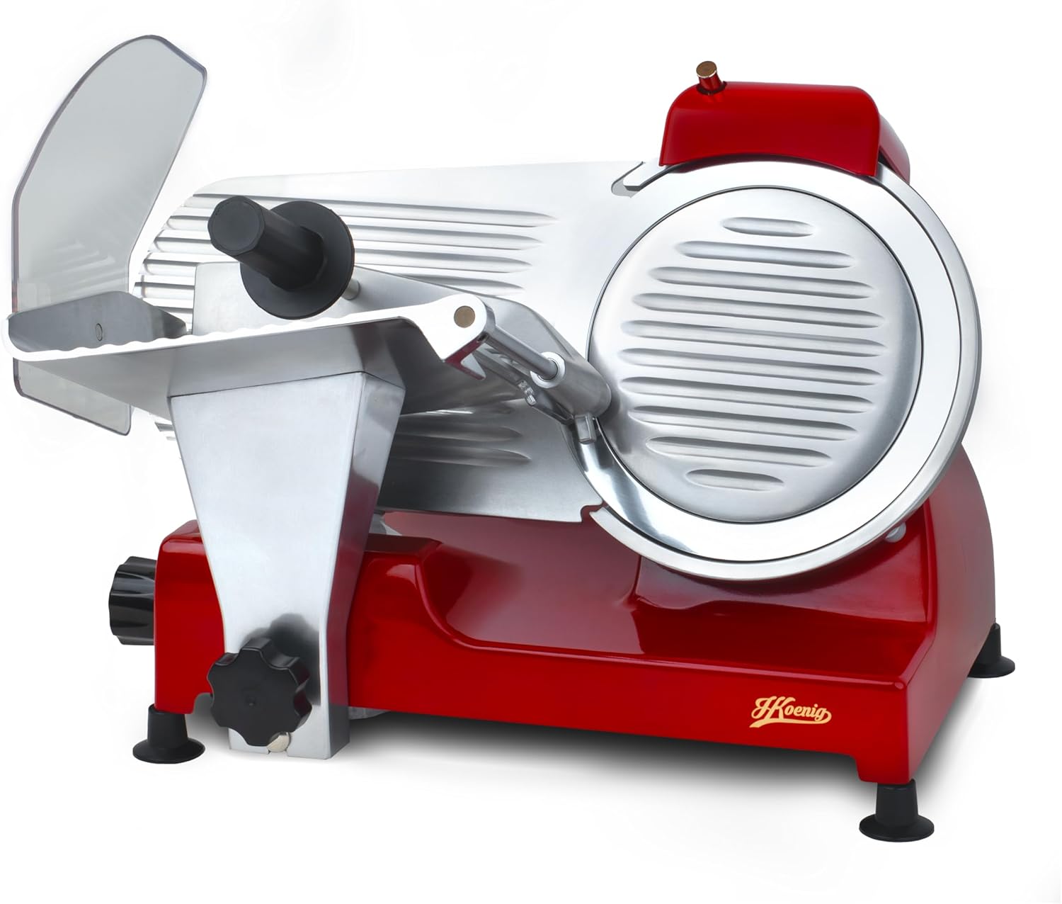 H.Koenig Trancheuse électrique à viande MSX254, charcuterie, professionnelle, précise,coupe 0-12 mm,lame 25 cm,aiguiseur intégré,large plateau,282 rpm, Rouge