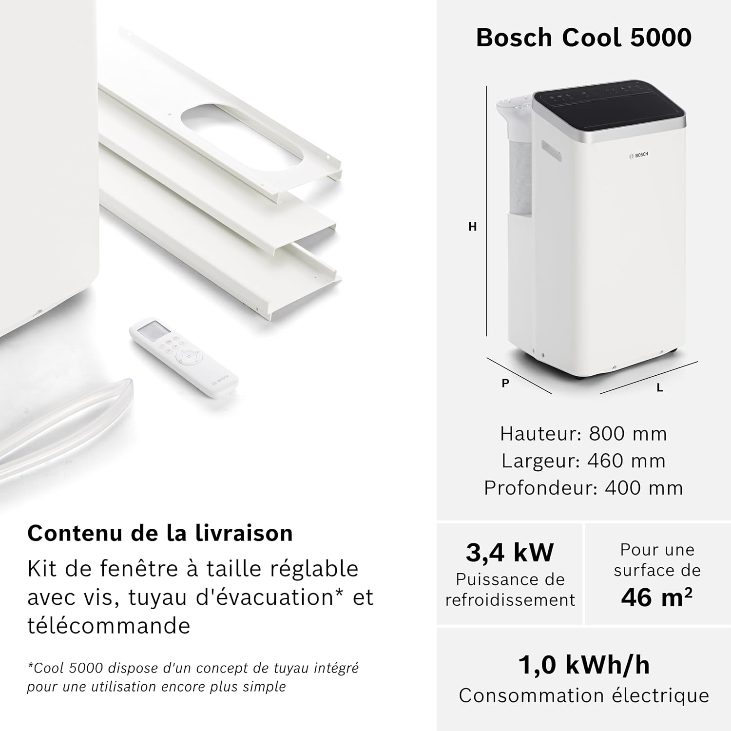 Bosch Cool 2000 Portable AC - 3 en 1 : Climatiseur, Déshumidificateur, Ventilateur - 2,6kW PAC pour les pièces jusqu'à 35m² - Avec Mode Auto, Mode Silencieux & Mode Veille