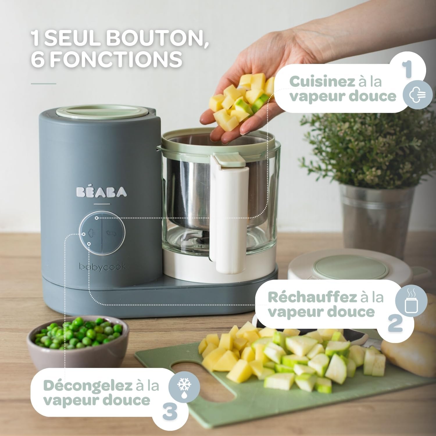 BÉABA, Babycook Néo, Mixeur Cuiseur Vapeur 6 en 1, Robot Bebe Fabriqué en France, Bol en Verre, Cuve Inox, Grande contenance, Diversification alimentaire, Petits pots bébé maison, Rapide, Eucalyptus