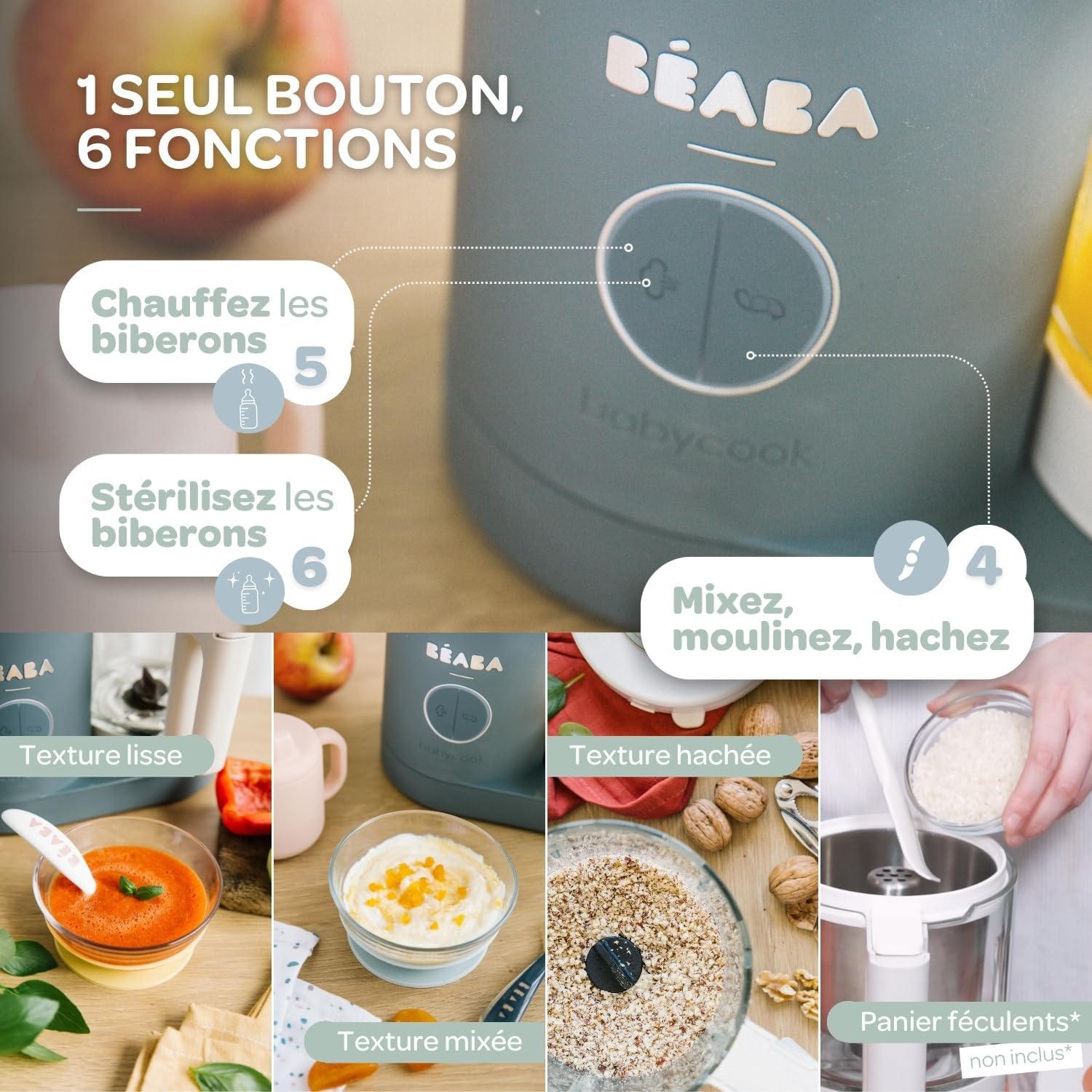 BÉABA, Babycook Néo, Mixeur Cuiseur Vapeur 6 en 1, Robot Bebe Fabriqué en France, Bol en Verre, Cuve Inox, Grande contenance, Diversification alimentaire, Petits pots bébé maison, Rapide, Eucalyptus