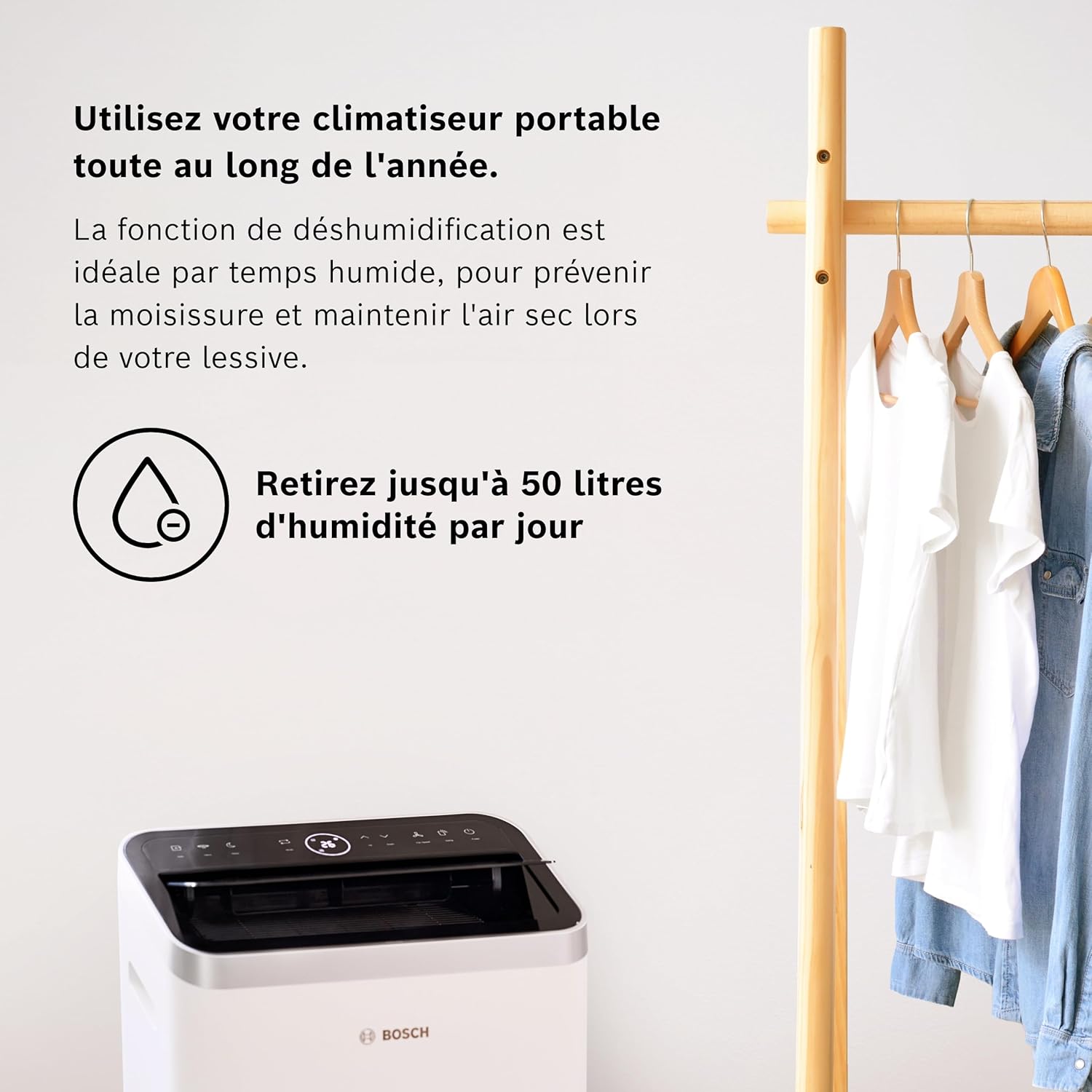 Bosch Cool 2000 Portable AC - 3 en 1 : Climatiseur, Déshumidificateur, Ventilateur - 2,6kW PAC pour les pièces jusqu'à 35m² - Avec Mode Auto, Mode Silencieux & Mode Veille