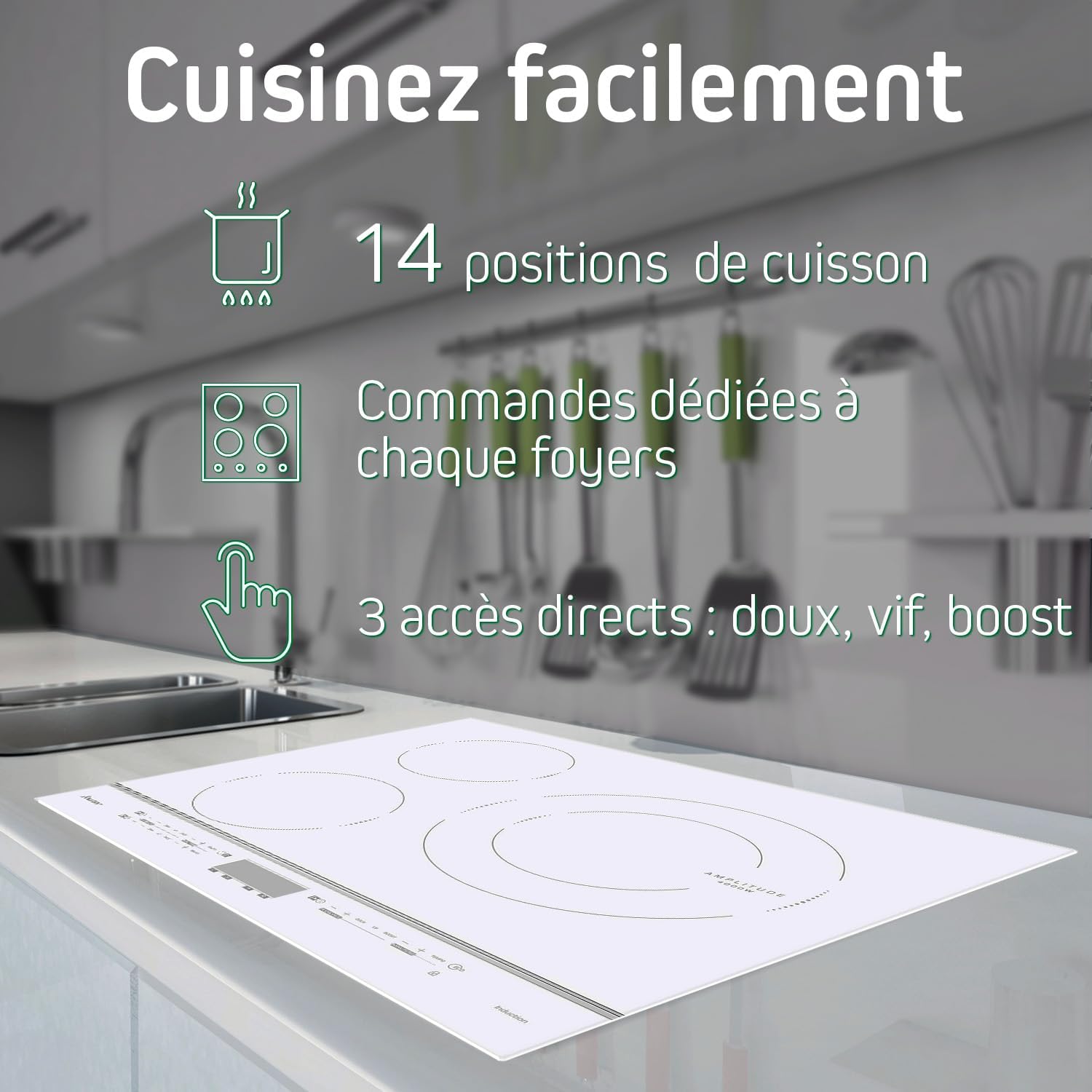 Sauter - SPI4360W - Plaque Induction - Table de Cuisson Encastrable - Blanc - 3 Foyers - 7200W - Dimensions Encastrement : 56x49cm - Grand Foyer 28 cm et 14 Positions Cuissons - Fabriqué en France