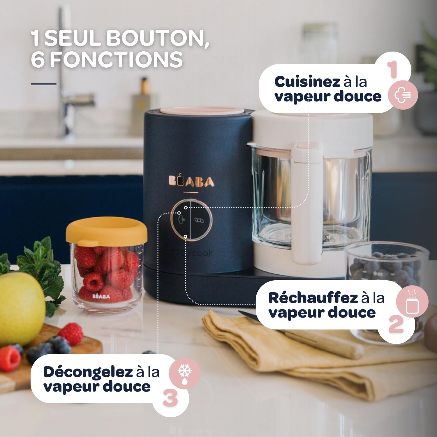 BÉABA, Babycook Néo, Mixeur Cuiseur Vapeur 6 en 1, Robot Bebe Fabriqué en France, Bol en Verre, Cuve Inox, Grande contenance, Diversification alimentaire, Petits pots bébé maison, Rapide, Eucalyptus