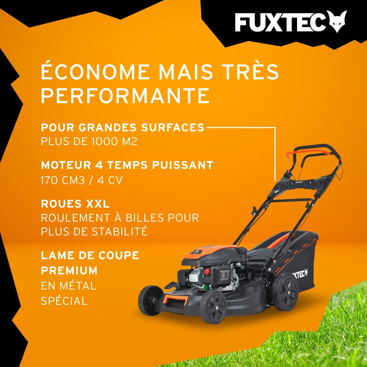 FUXTEC Tondeuse Thermique Autotractée Démarrage Électrique FX-RM5170eS 4en1-170cm3 4CV | 4 Temps | Largeur 51cm, Hauteur De Coupe 7 Positions, Bac 60L, Fonction Mulching, Éjection Latérale