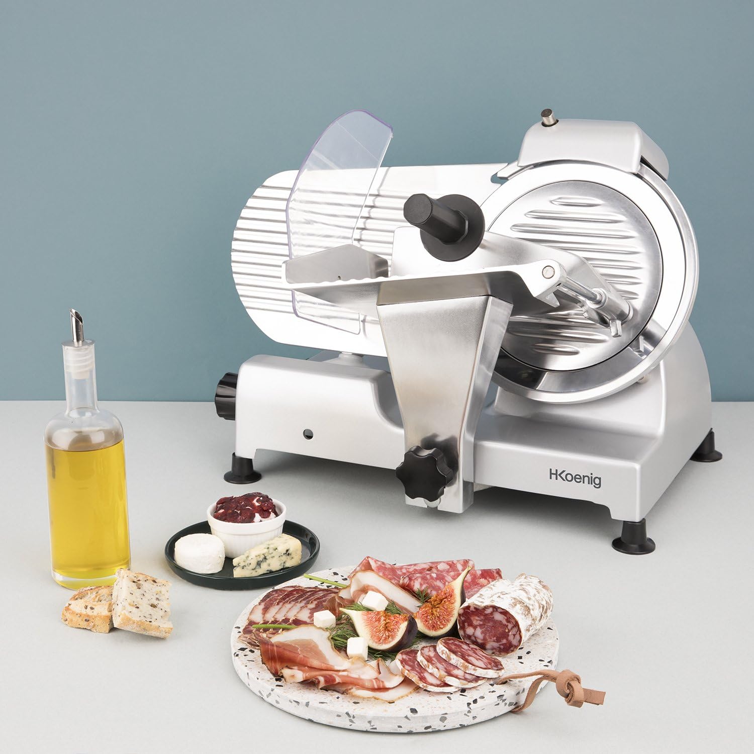 H.Koenig Trancheuse électrique à viande MSX254, charcuterie, professionnelle, précise,coupe 0-12 mm,lame 25 cm,aiguiseur intégré,large plateau,282 rpm, Rouge