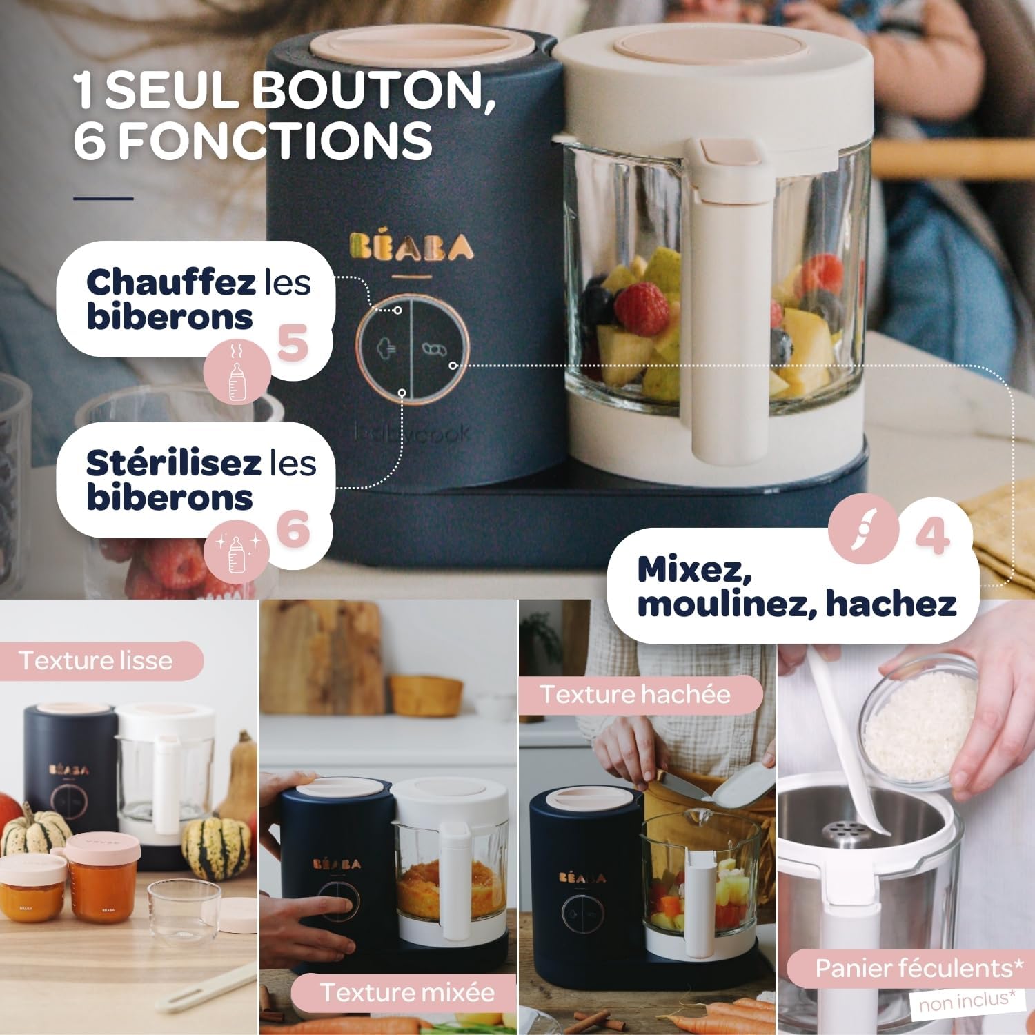 BÉABA, Babycook Néo, Mixeur Cuiseur Vapeur 6 en 1, Robot Bebe Fabriqué en France, Bol en Verre, Cuve Inox, Grande contenance, Diversification alimentaire, Petits pots bébé maison, Rapide, Eucalyptus