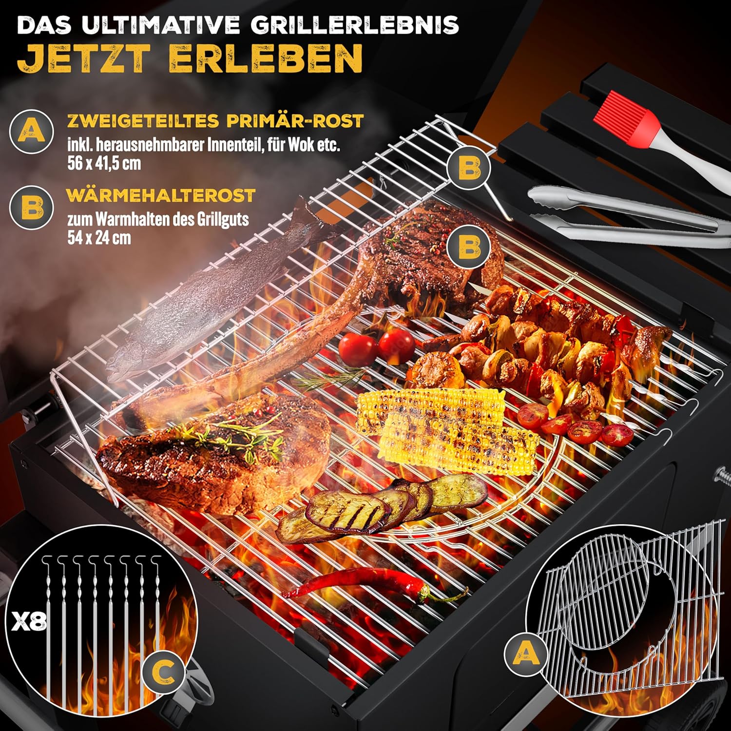 KESSER® Chariot à Barbecue | Grill XL à Charbon de Bois avec Couvercle, Roues, poignée en Acier Inoxydable, Grille et thermomètre | Grand Barbecue au Charbon de Bois