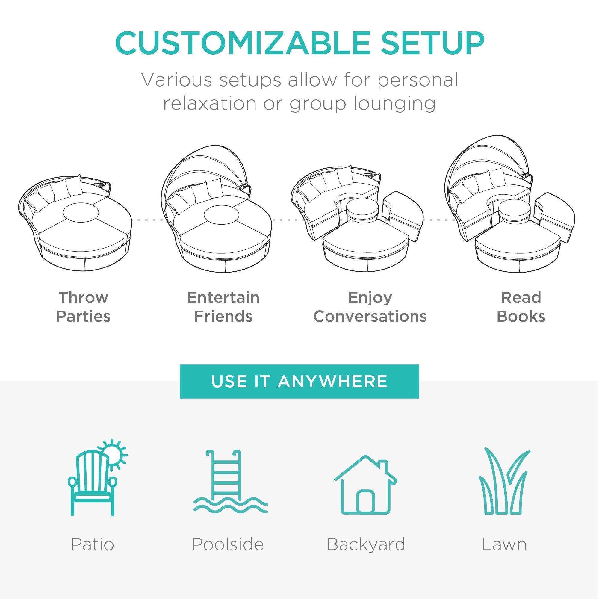 Couche de lit de jour en osier 2 en 1, 5 pièces W/sièges réglables, verrière, couverture