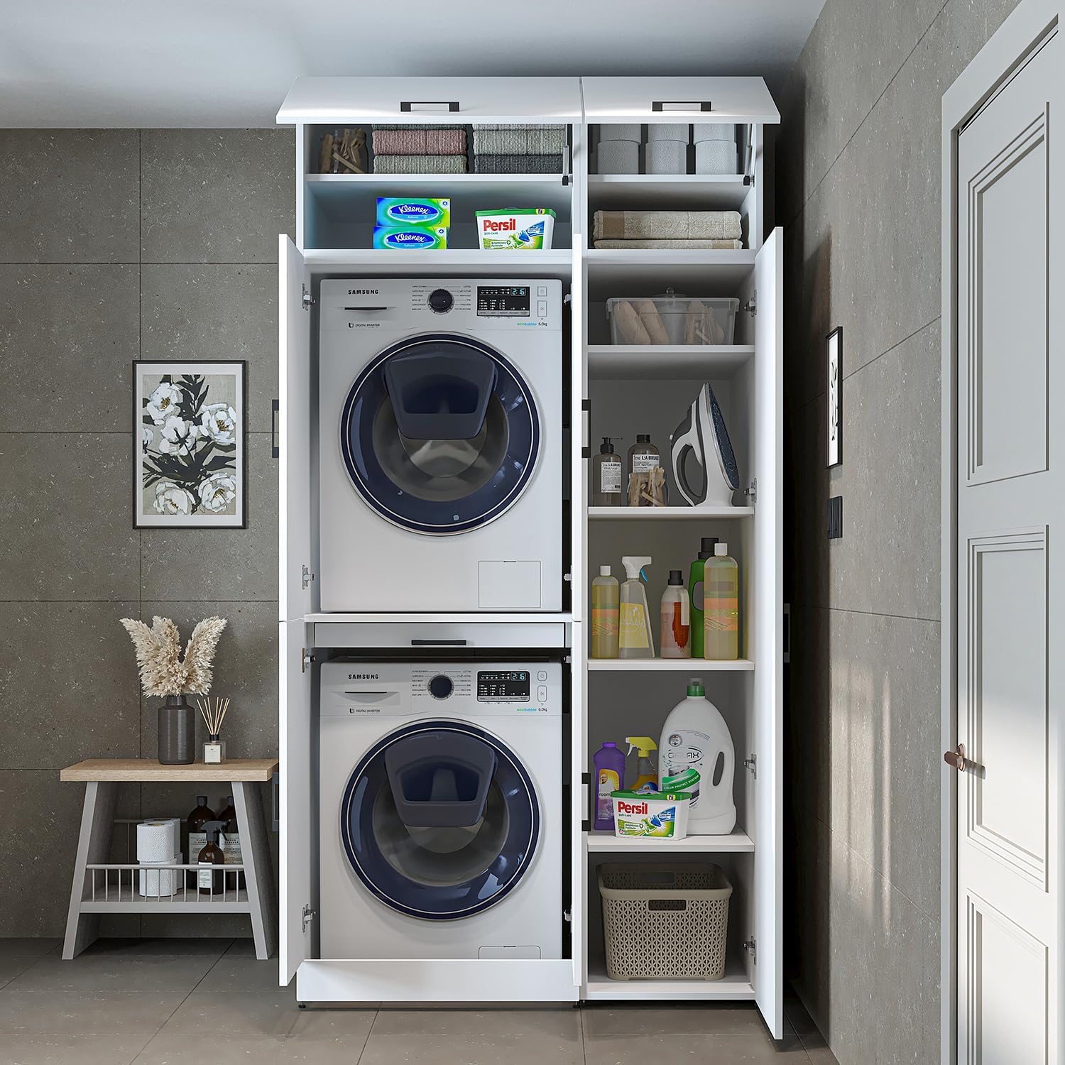 ROOMART Dora - Armoire de machine à laver - Pour sèche-linge et machine à laver - En 4 couleurs - Avec portes et panneau coulissant - Blanc - Chêne blanc - Chêne anthracite - Chêne blanc (chêne blanc)