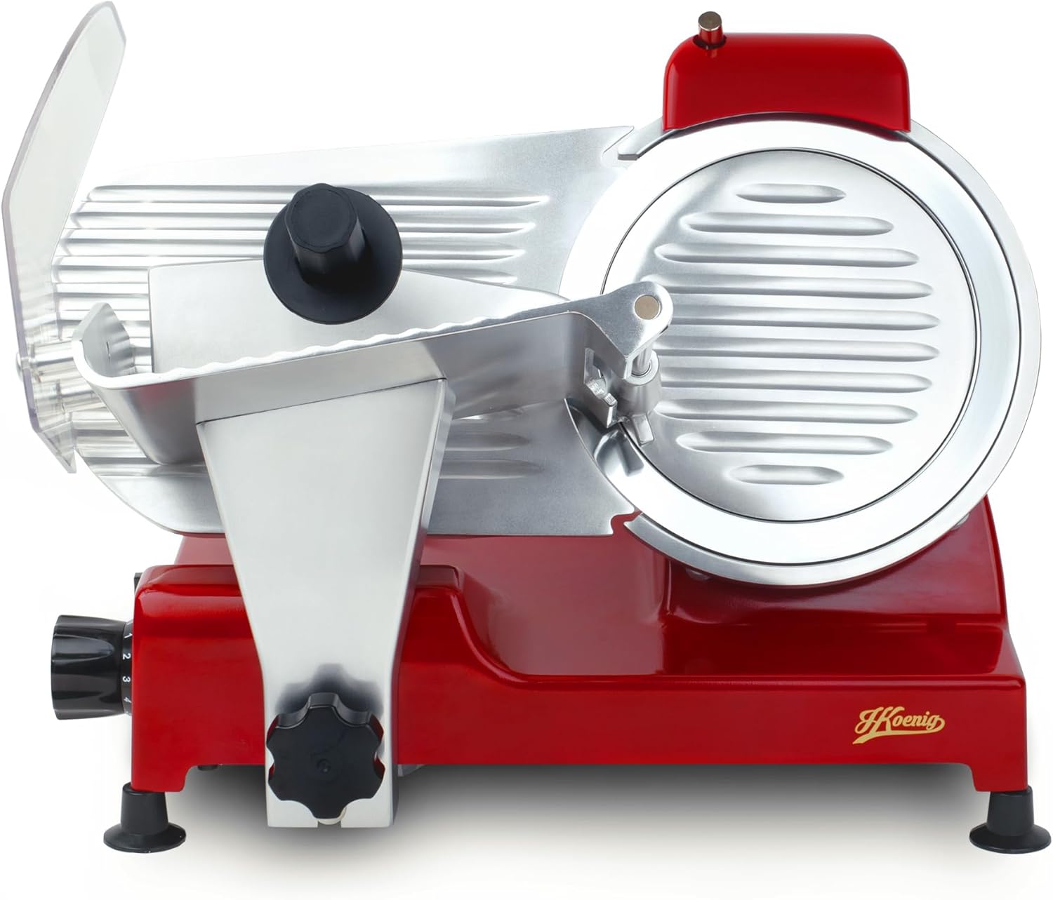 H.Koenig Trancheuse électrique à viande MSX254, charcuterie, professionnelle, précise,coupe 0-12 mm,lame 25 cm,aiguiseur intégré,large plateau,282 rpm, Rouge