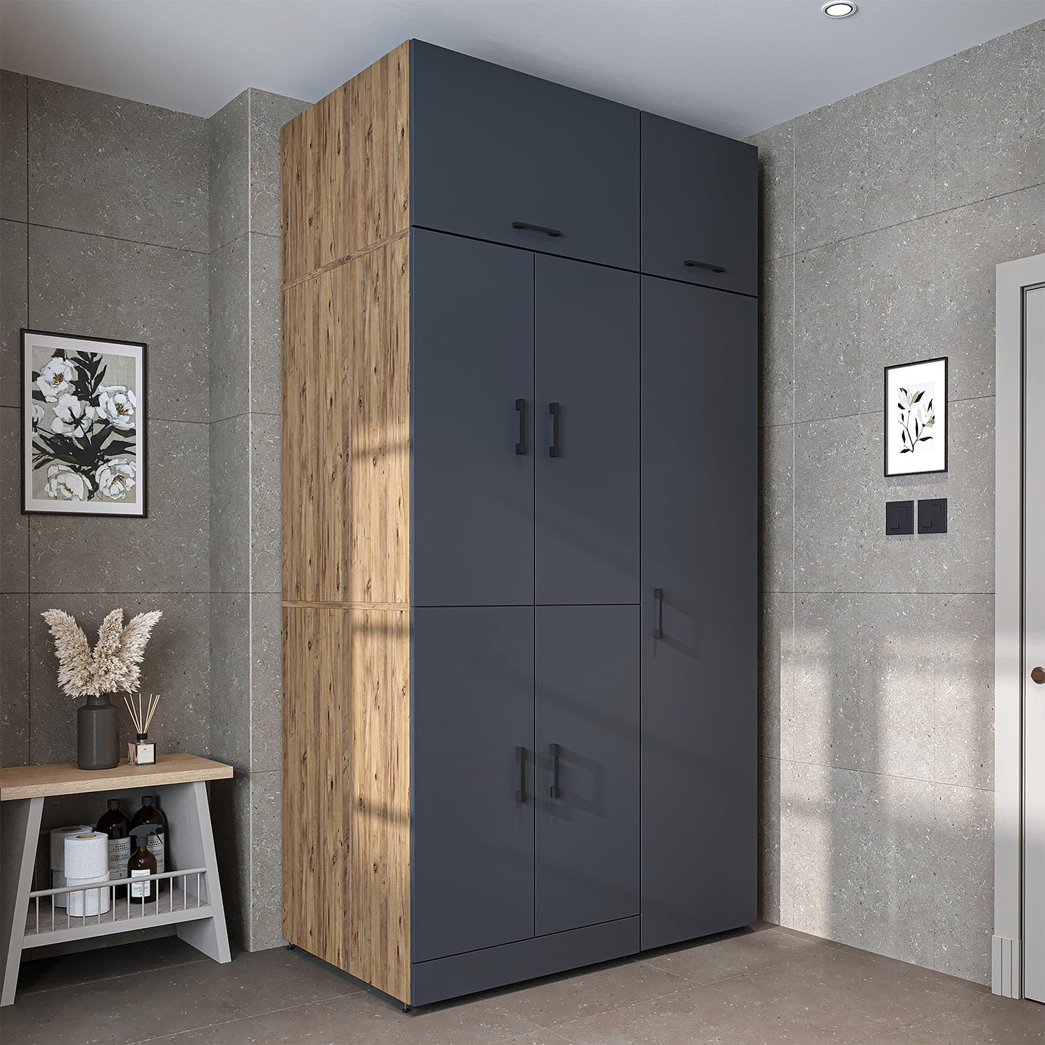 ROOMART Dora - Armoire de machine à laver - Pour sèche-linge et machine à laver - En 4 couleurs - Avec portes et panneau coulissant - Blanc - Chêne blanc - Chêne anthracite - Chêne blanc (chêne blanc)