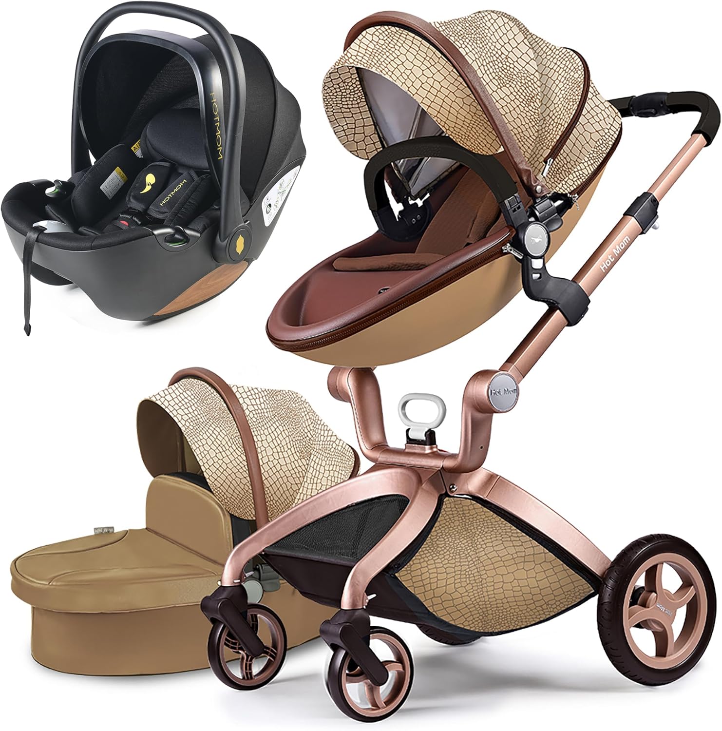 Hot Mom poussette classique combi 3in1 set complet, cadre alu/pneus pleins caoutchouc/pare-pluie/moustiquaire modle F22 (Noir-3, avec siège auto)