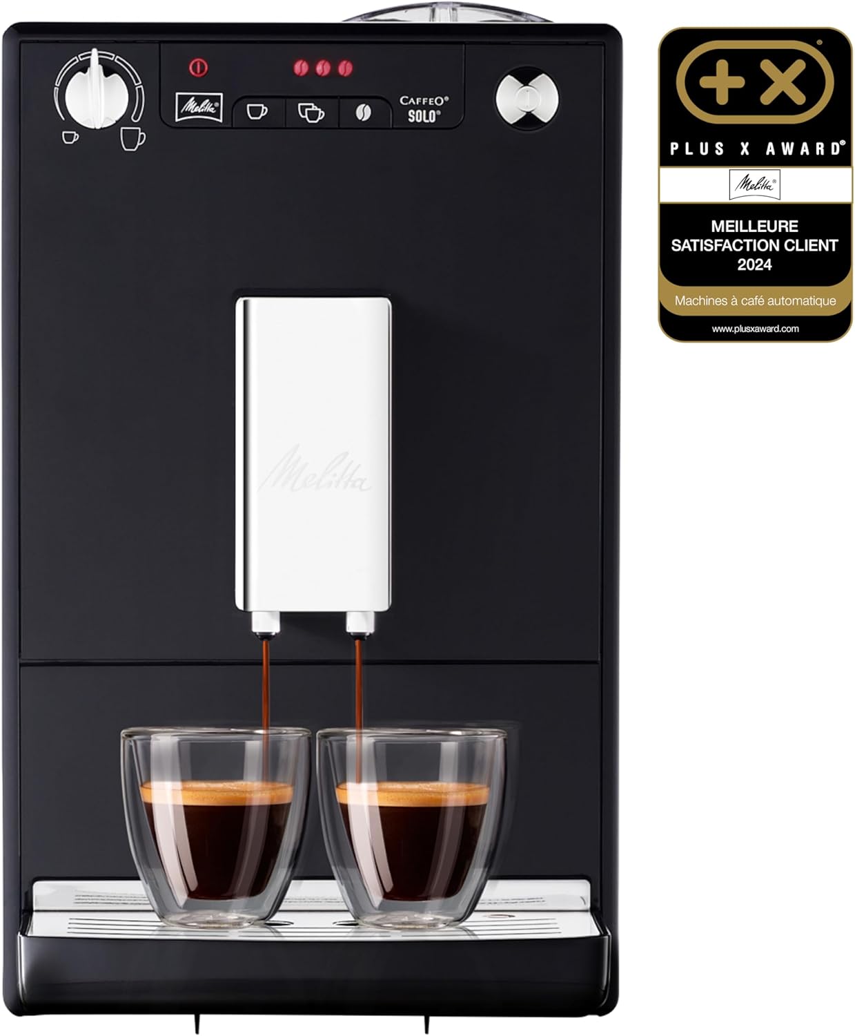 Melitta Caffeo Solo Noir Pure Black, Machine à Café à Grains avec Broyeur et Système d'Extraction des Arômes, Affichage LED, Mode 1 à 2 Tasses, Cafetière Expresso, Automatique, E950-222, 1400W