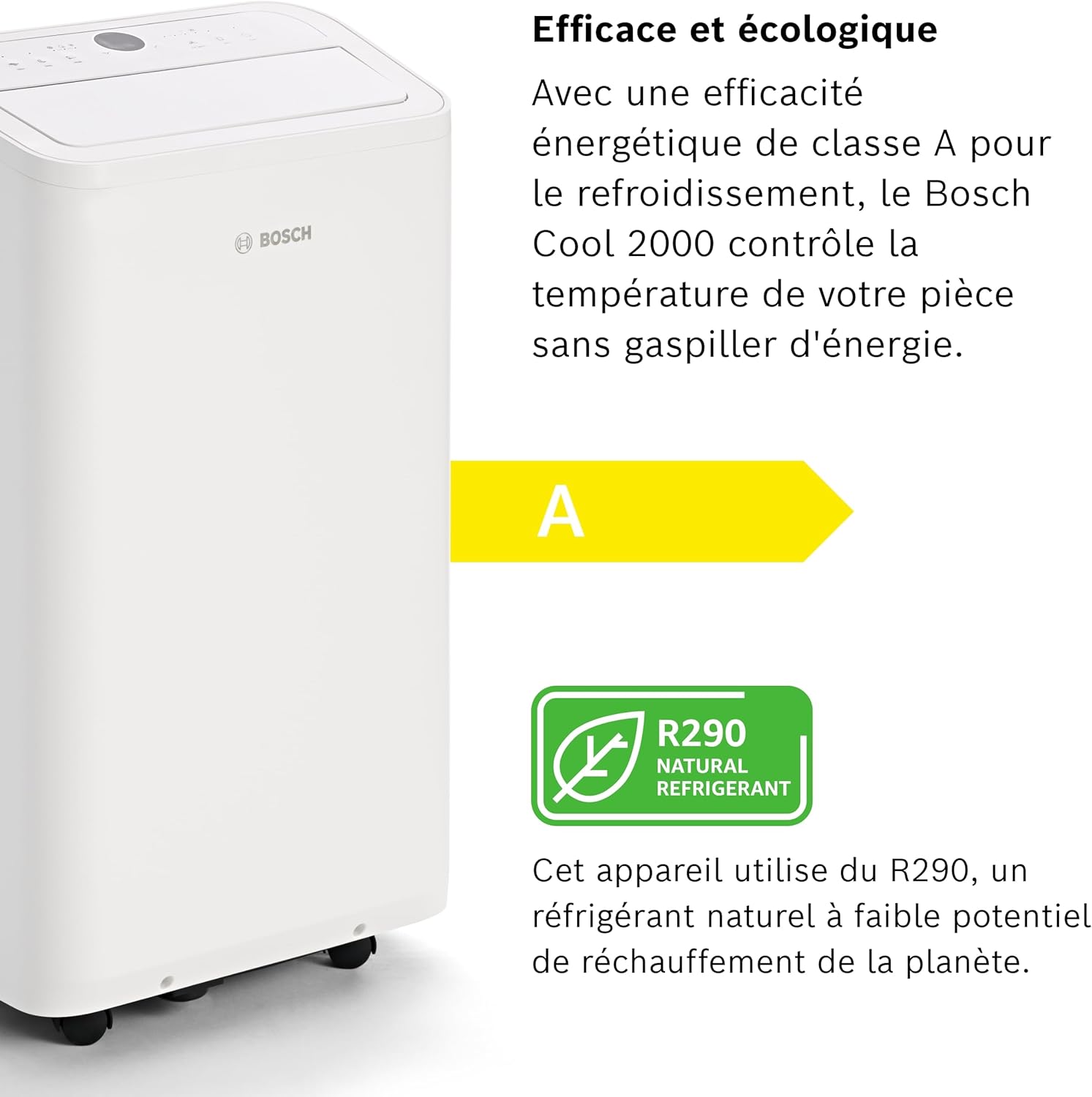 Bosch Cool 2000 Portable AC - 3 en 1 : Climatiseur, Déshumidificateur, Ventilateur - 2,6kW PAC pour les pièces jusqu'à 35m² - Avec Mode Auto, Mode Silencieux & Mode Veille