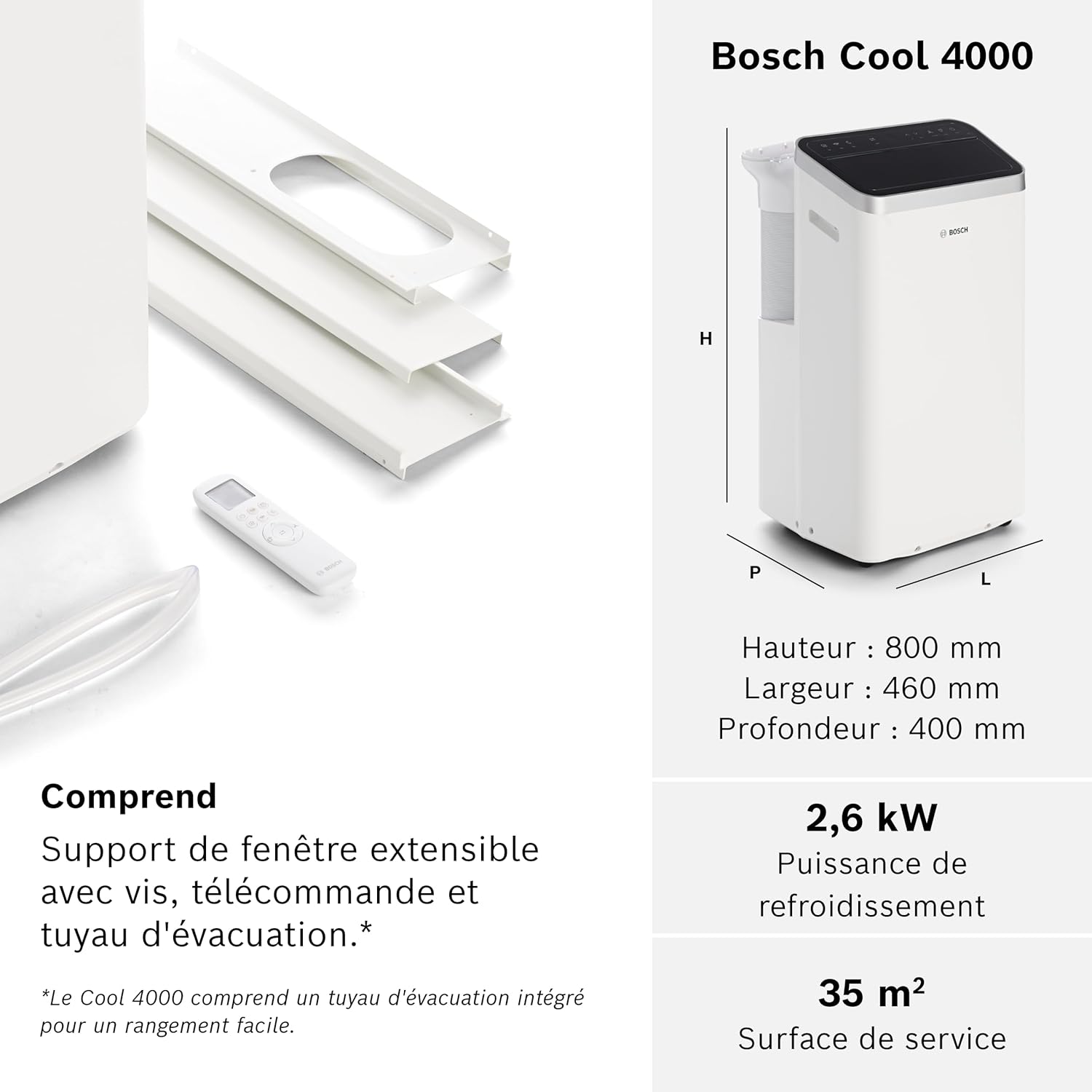 Bosch Cool 2000 Portable AC - 3 en 1 : Climatiseur, Déshumidificateur, Ventilateur - 2,6kW PAC pour les pièces jusqu'à 35m² - Avec Mode Auto, Mode Silencieux & Mode Veille