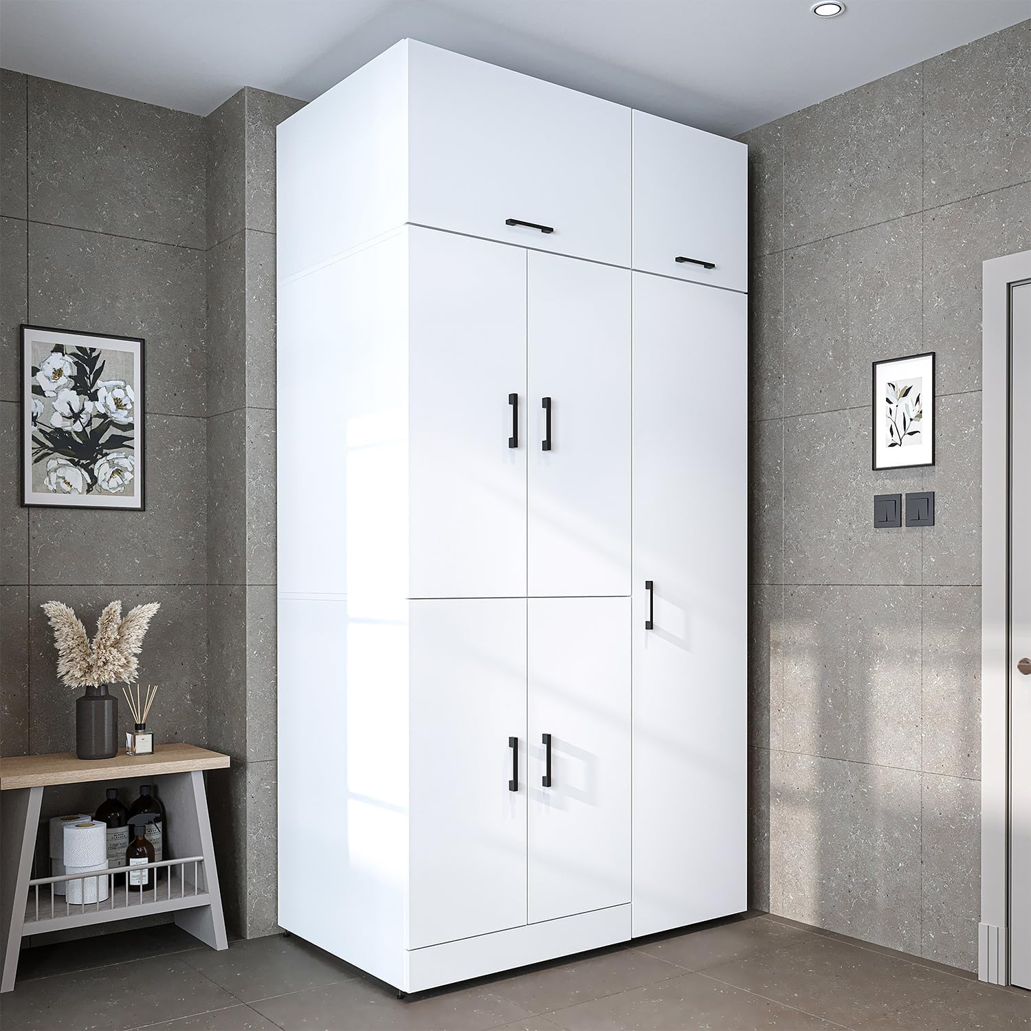 ROOMART Dora - Armoire de machine à laver - Pour sèche-linge et machine à laver - En 4 couleurs - Avec portes et panneau coulissant - Blanc - Chêne blanc - Chêne anthracite - Chêne blanc (chêne blanc)