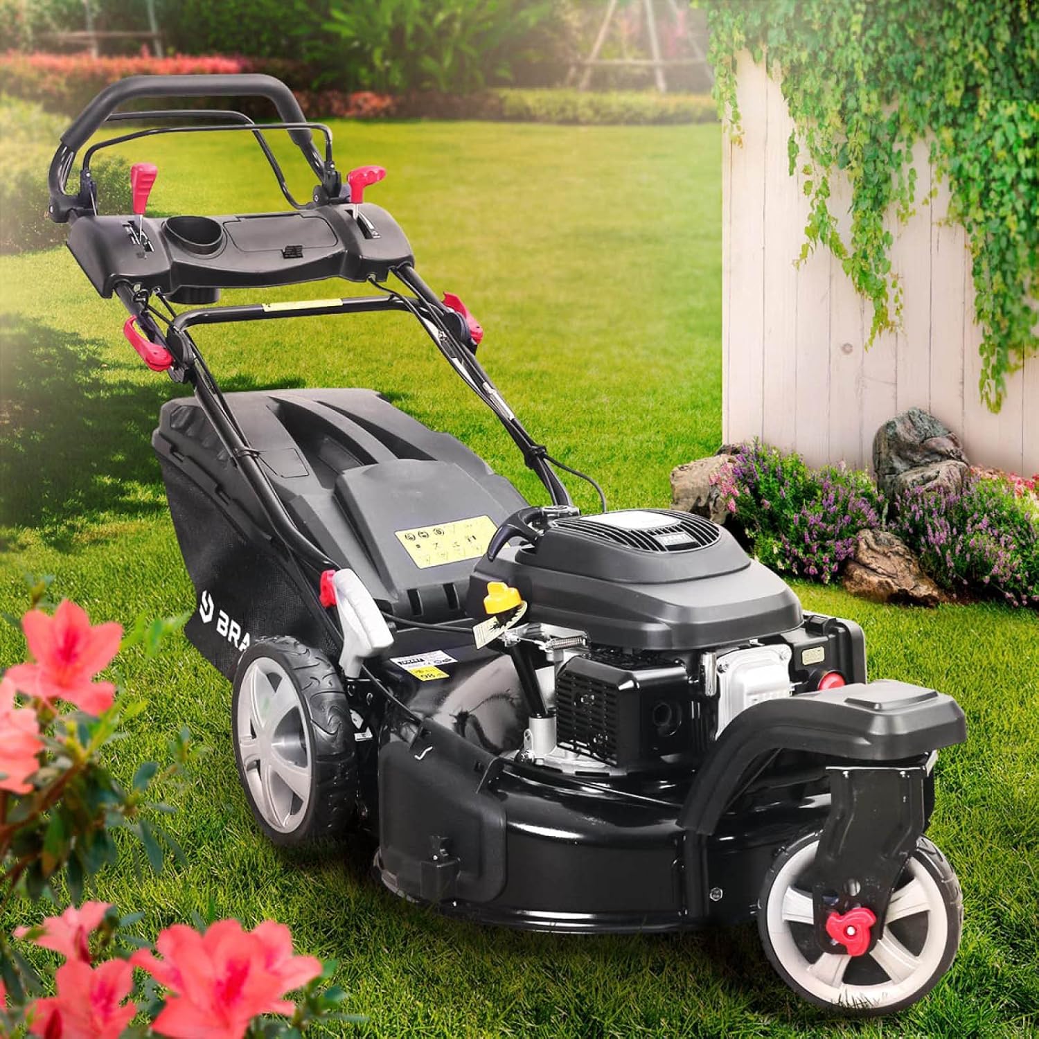 BRAST tondeuse thermique 3 roues TRIKE E-START 224cc 53cm tractée démarrage électrique mulching 4en1 capot en tôle en acier 60l - moteur 4 temps de la marque française GT reglable