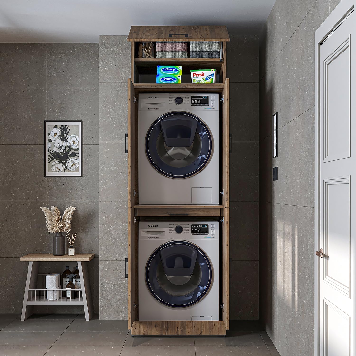 ROOMART Dora Armoire de machine à laver, pour sèche-linge et machine à laver, en 4 couleurs, avec portes et planche coulissante (chêne anthracite)