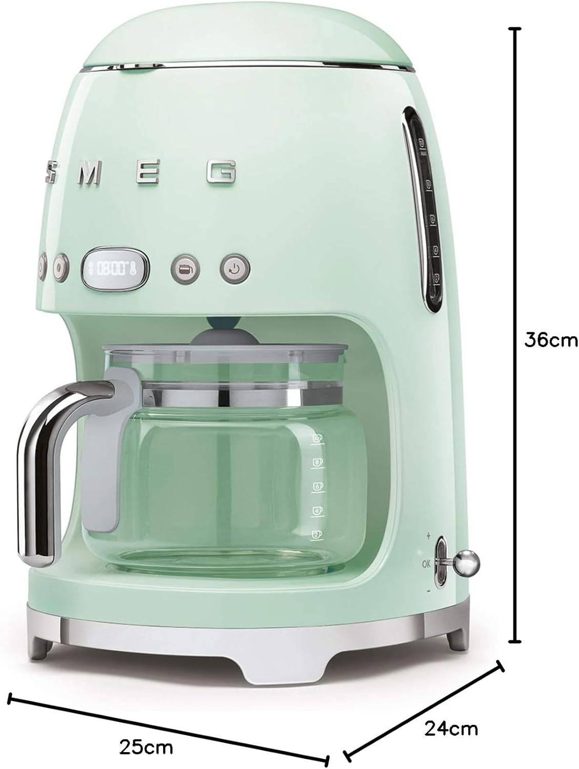 Smeg, Machine à Café Filtre DCF02PBEU, Fonction Arôme et Autostart, Carafe en Verre Jusqu'à 12 Tasses, 2 Niveaux d'Intensité, Mode Maintien au Chaud, 1050 W, Bleu Clair Pastel