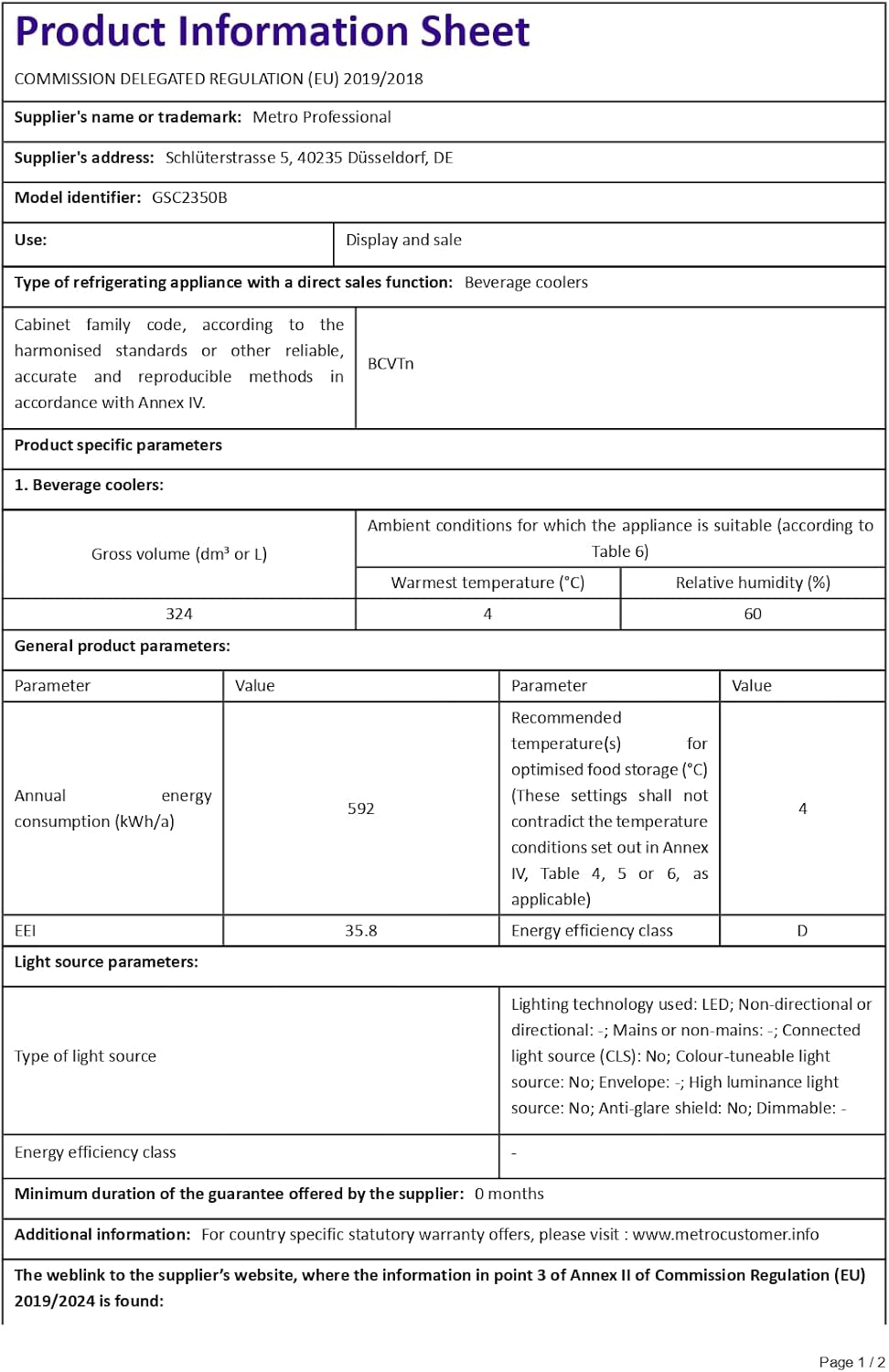 METRO Professional Réfrigérateur à Boissons GSC2360B, Acier/Verre, 62 x 63.6 x 175.3 cm, 347 L, avec Serrure, Noir