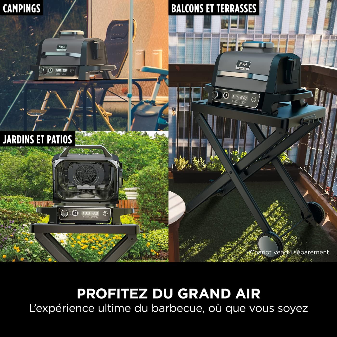Ninja Woodfire Barbecue électrique et fumoir Pro XL avec thermomètre, barbecue et Air fryer d'extérieur 4-en-1 avec système Smart Cook et granulés Woodfire, portatif, gris/noir, OG850EU