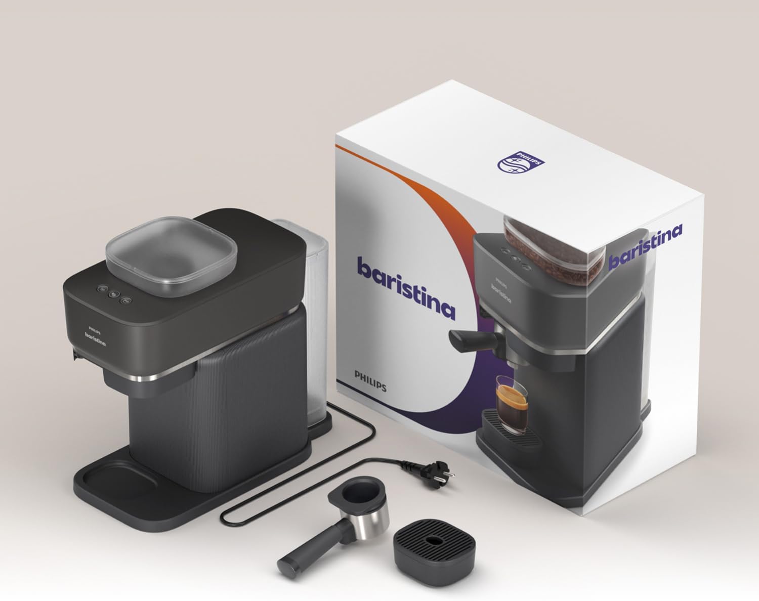 Philips Baristina Machine à expresso - Un véritable expresso, en toute simplicité - Compacte - 16 bars de pression - Broyeur intégré - Machine blanche avec porte-filtre blanc (BAR300/00)