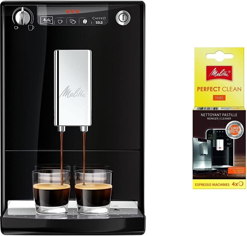 Melitta Caffeo Solo Noir Pure Black, Machine à Café à Grains avec Broyeur et Système d'Extraction des Arômes, Affichage LED, Mode 1 à 2 Tasses, Cafetière Expresso, Automatique, E950-222, 1400W