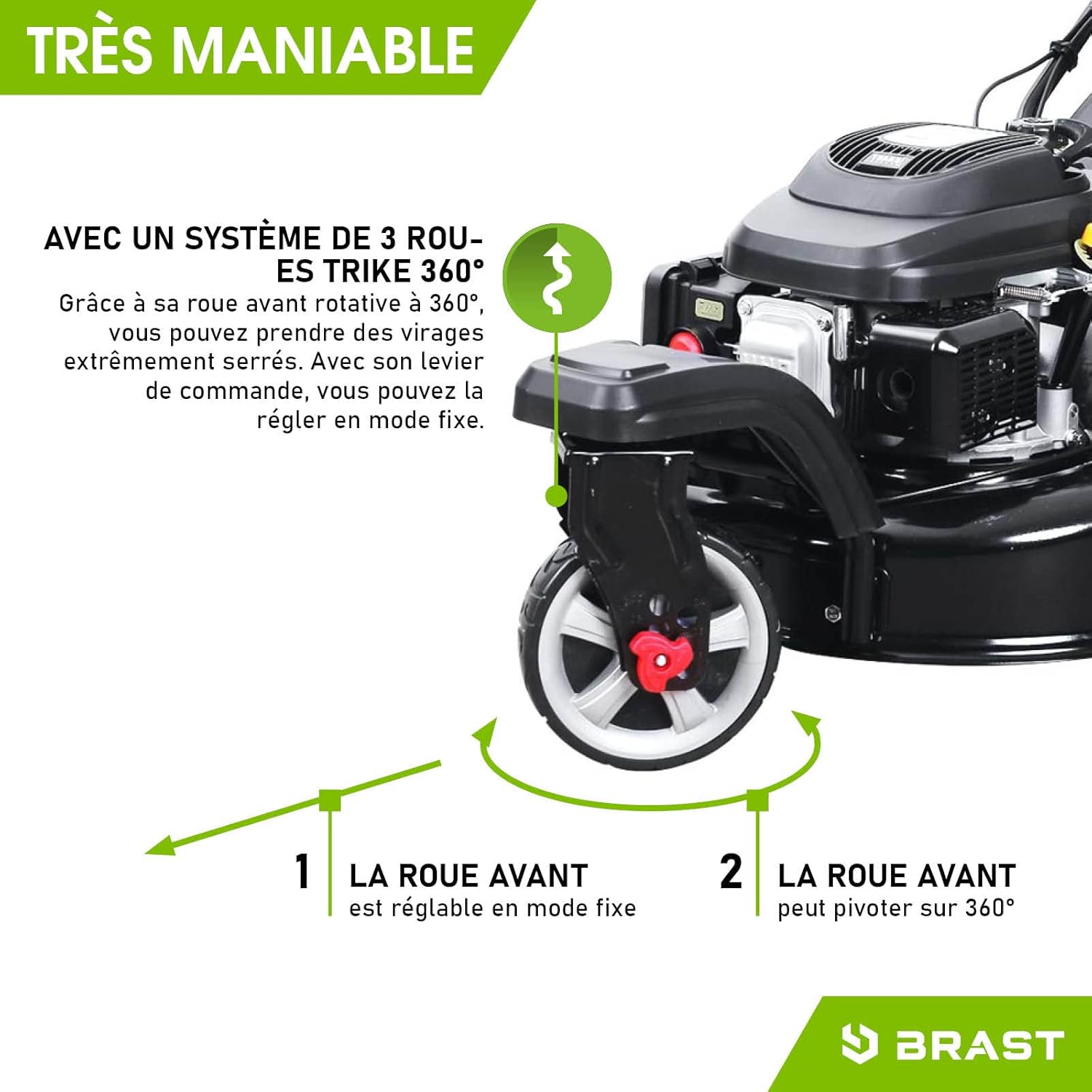 BRAST tondeuse thermique 3 roues TRIKE E-START 224cc 53cm tractée démarrage électrique mulching 4en1 capot en tôle en acier 60l - moteur 4 temps de la marque française GT reglable