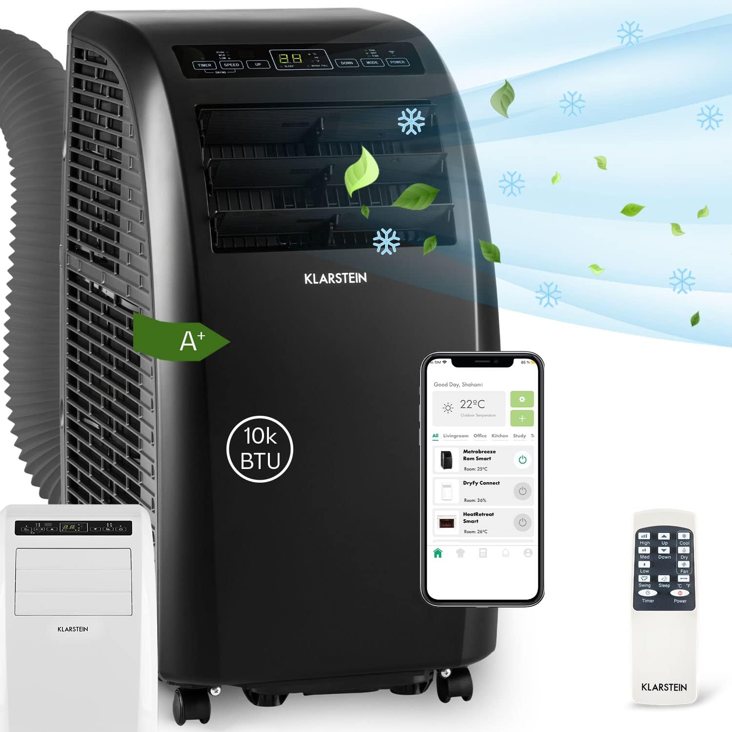 Klarstein Climatiseur Mobile Silencieux, 4 en 1, Mode Nuit, Déshumidificateur, Ventilateur, Mini Climatisation à Faible Conso, Evacuation, Clim Portable, Puissante, 10000 BTU