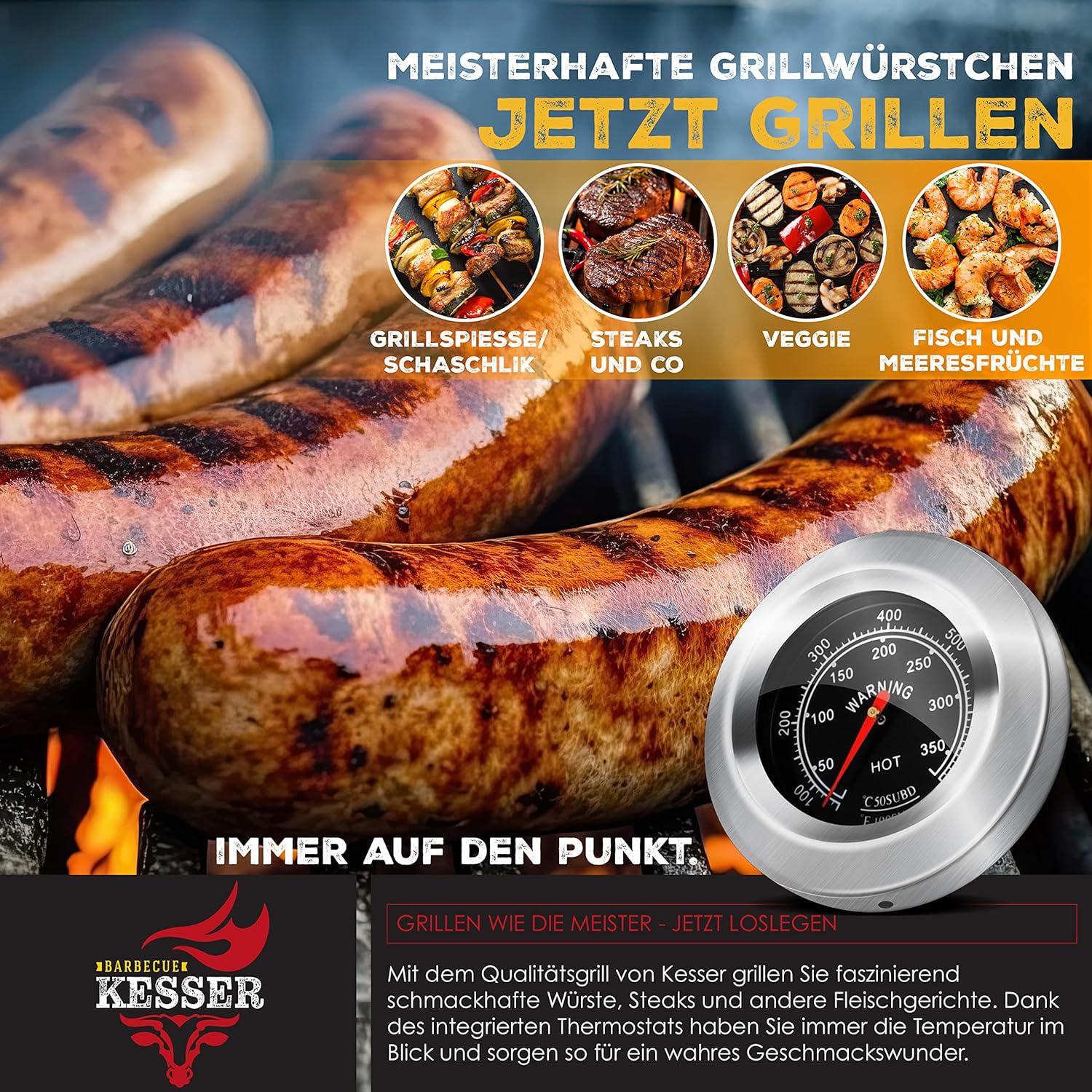 KESSER® Chariot à Barbecue | Grill XL à Charbon de Bois avec Couvercle, Roues, poignée en Acier Inoxydable, Grille et thermomètre | Grand Barbecue au Charbon de Bois