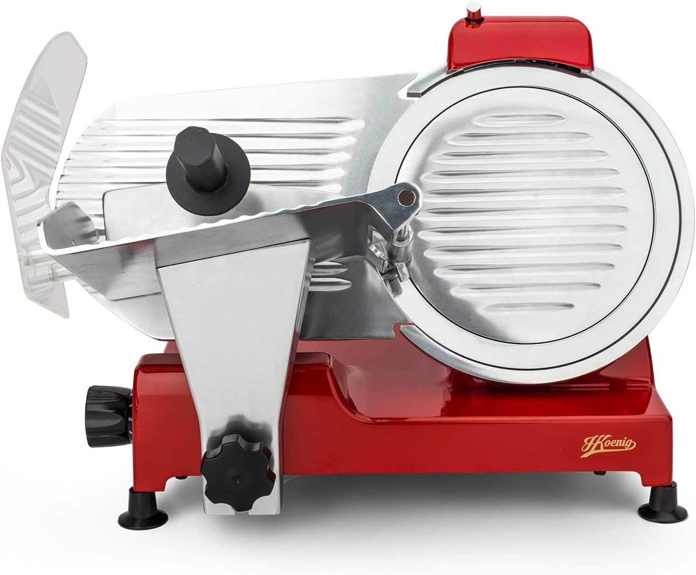 H.Koenig Trancheuse électrique à viande MSX254, charcuterie, professionnelle, précise,coupe 0-12 mm,lame 25 cm,aiguiseur intégré,large plateau,282 rpm, Rouge
