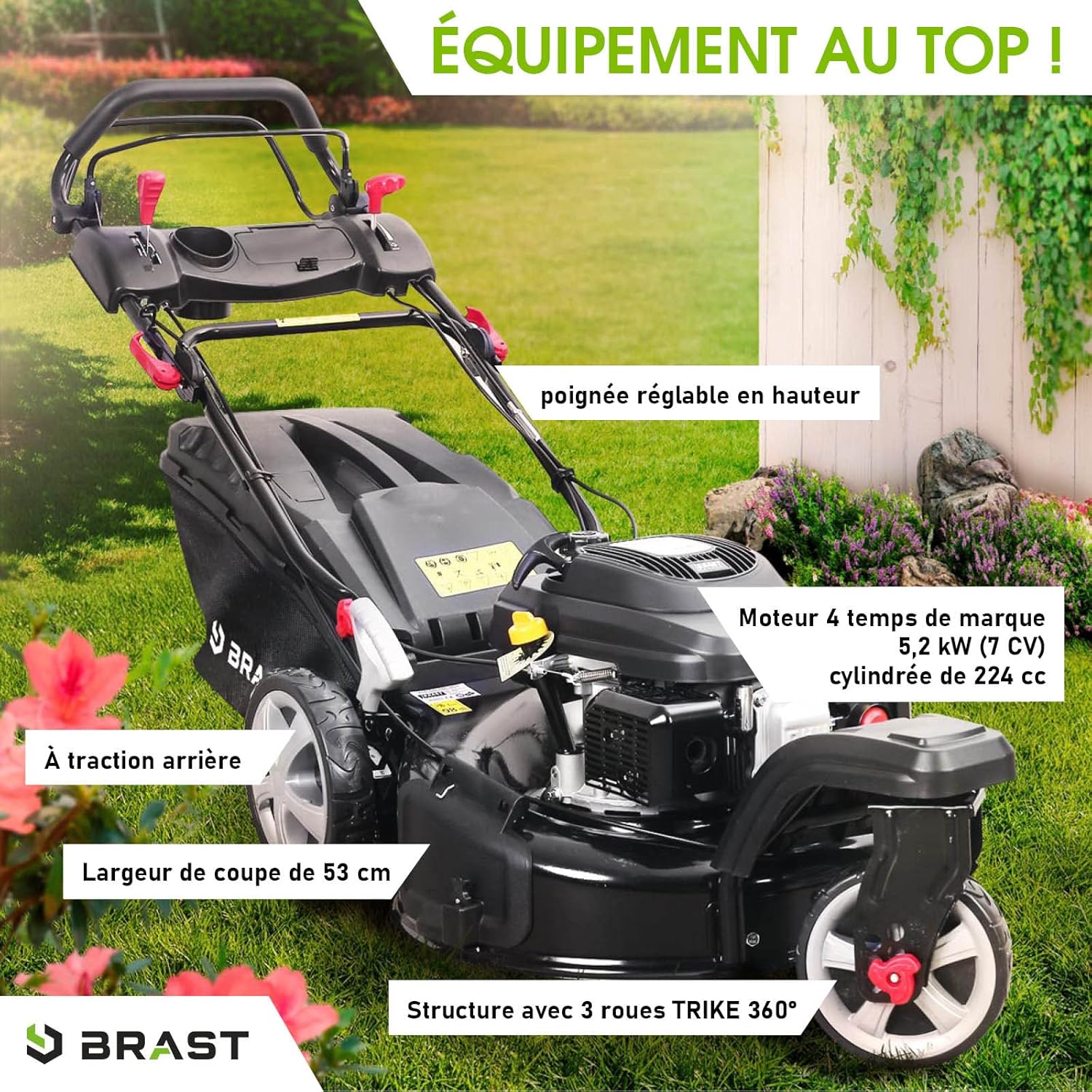 BRAST tondeuse thermique 3 roues TRIKE E-START 224cc 53cm tractée démarrage électrique mulching 4en1 capot en tôle en acier 60l - moteur 4 temps de la marque française GT reglable