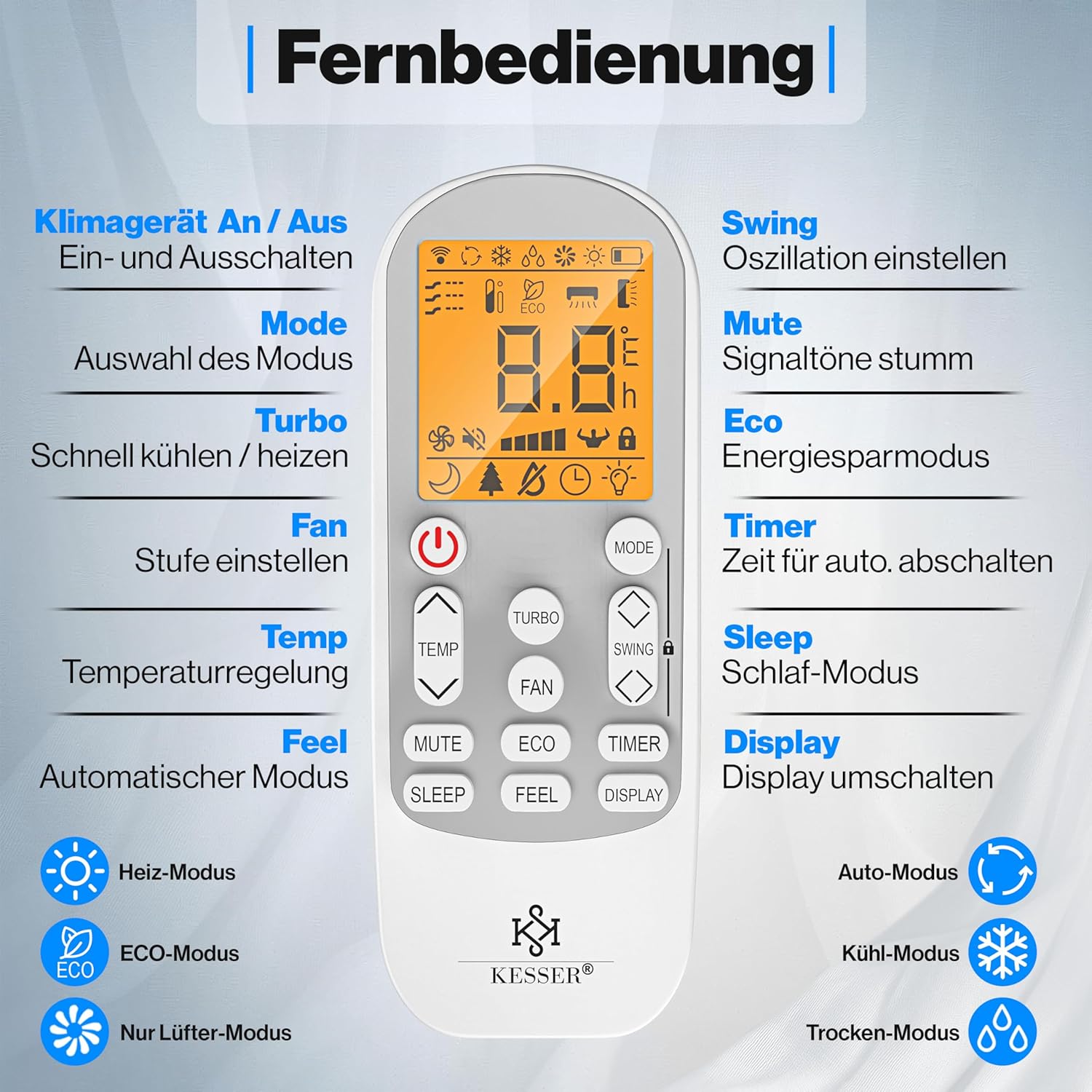 KESSER® Climatisation SET réversible - Climatiseur avec fonction WiFi/Application - Refroidissement A++/ Chauffage A+, Fluide réfrigérant R32 - Écran LCD, Split 12000 BTU/h / 3400 Watt - Anthrazit
