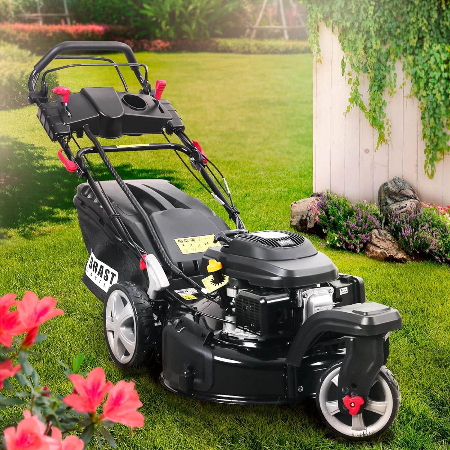 BRAST tondeuse thermique 3 roues TRIKE E-START 224cc 53cm tractée démarrage électrique mulching 4en1 capot en tôle en acier 60l - moteur 4 temps de la marque française GT reglable