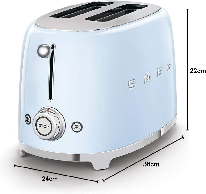 Smeg, Grille-pain 2 Tranches TSF01BLEU, 2 Fentes 36 mm, 6 Niveaux de Brunissage, Fonction Chauffage, Décongélation et Bagel, Éjection Automatique du Pain, Ramasse Miettes, 950 W, Noir