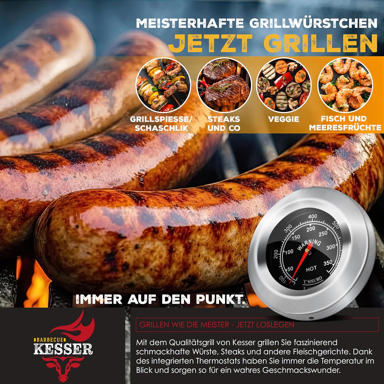 KESSER® Chariot à Barbecue | Grill XL à Charbon de Bois avec Couvercle, Roues, poignée en Acier Inoxydable, Grille et thermomètre | Grand Barbecue au Charbon de Bois