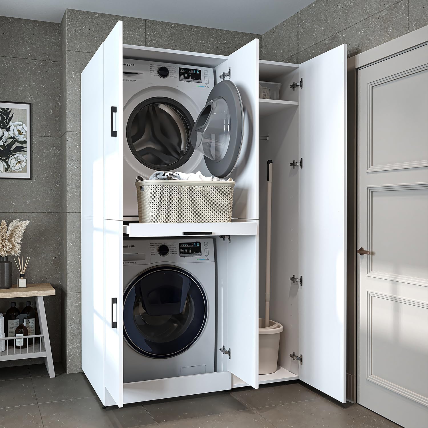 ROOMART Dora - Armoire de machine à laver - Pour sèche-linge et machine à laver - En 4 couleurs - Avec portes et panneau coulissant - Blanc - Chêne blanc - Chêne anthracite - Chêne blanc (chêne blanc)