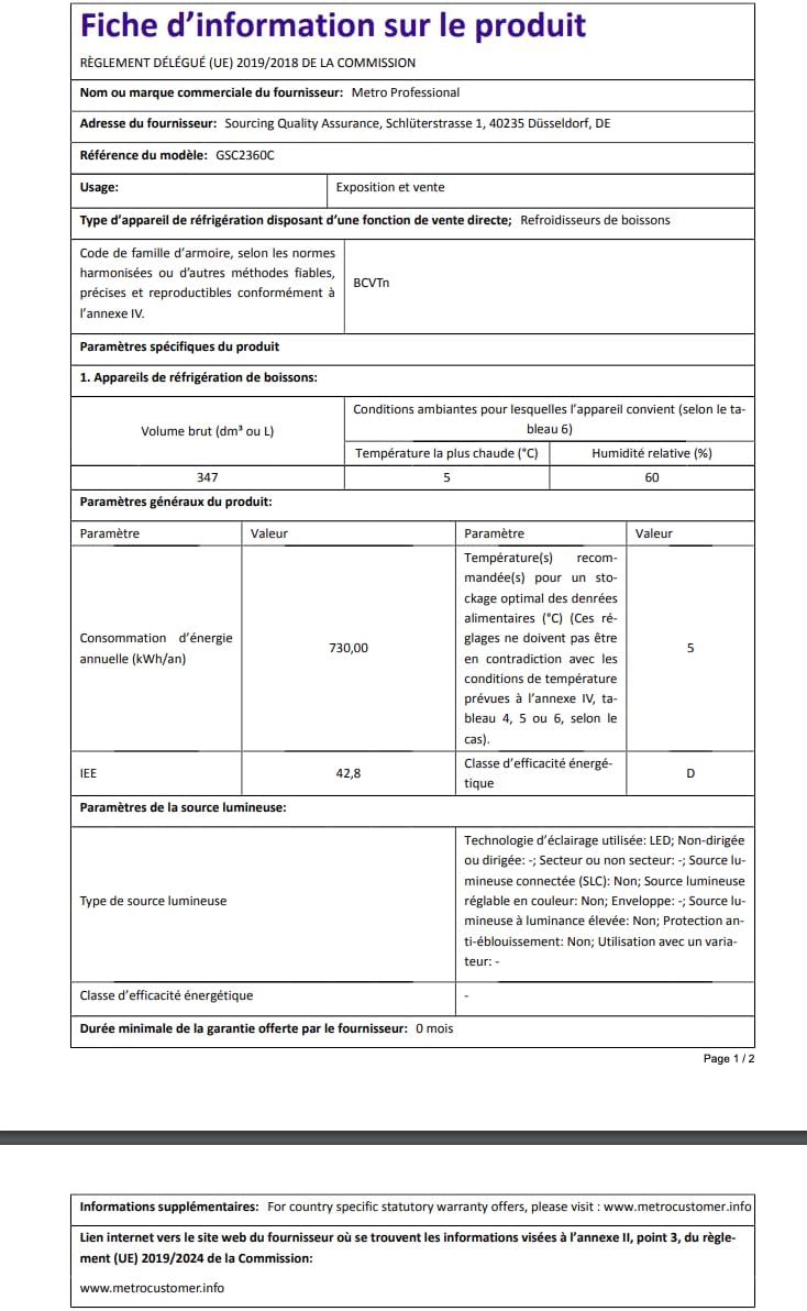 METRO Professional Réfrigérateur à Boissons GSC2360B, Acier/Verre, 62 x 63.6 x 175.3 cm, 347 L, avec Serrure, Noir