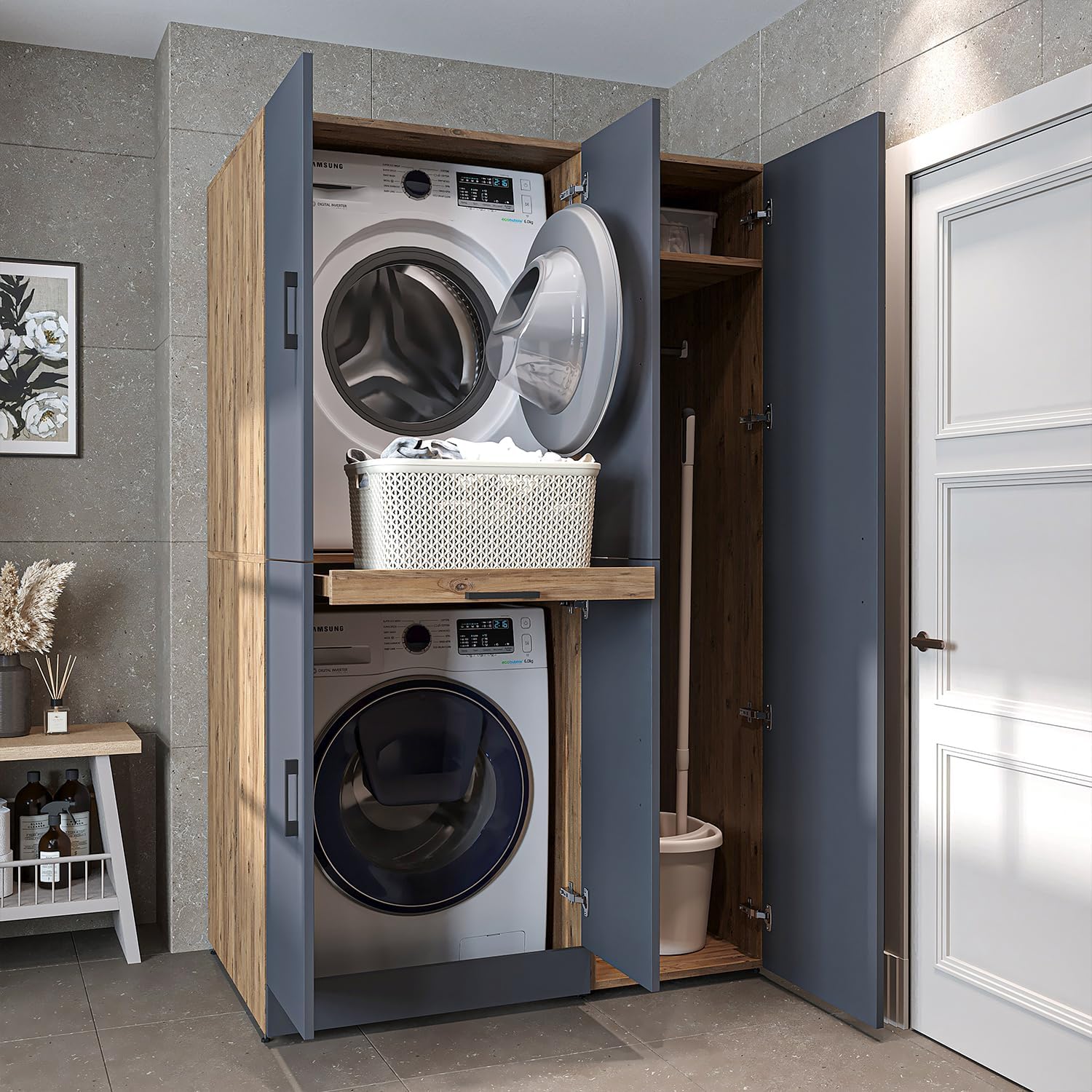 ROOMART Dora - Armoire de machine à laver - Pour sèche-linge et machine à laver - En 4 couleurs - Avec portes et panneau coulissant - Blanc - Chêne blanc - Chêne anthracite - Chêne blanc (chêne blanc)