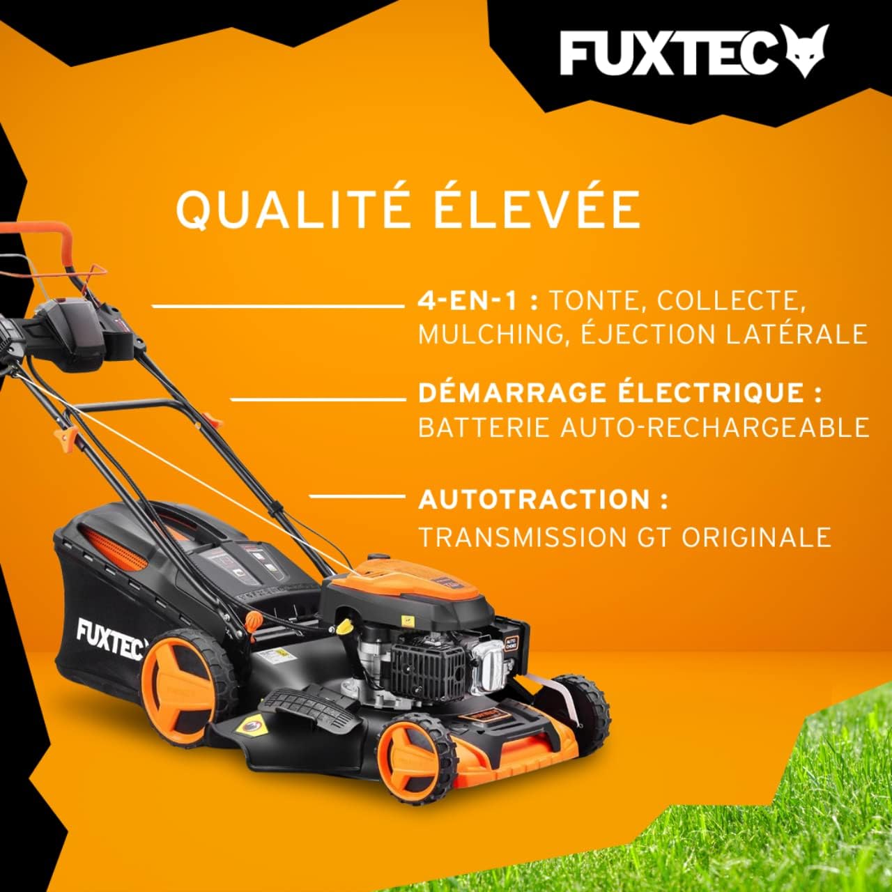 FUXTEC Tondeuse Thermique Autotractée Démarrage Électrique FX-RM5170eS 4en1-170cm3 4CV | 4 Temps | Largeur 51cm, Hauteur De Coupe 7 Positions, Bac 60L, Fonction Mulching, Éjection Latérale