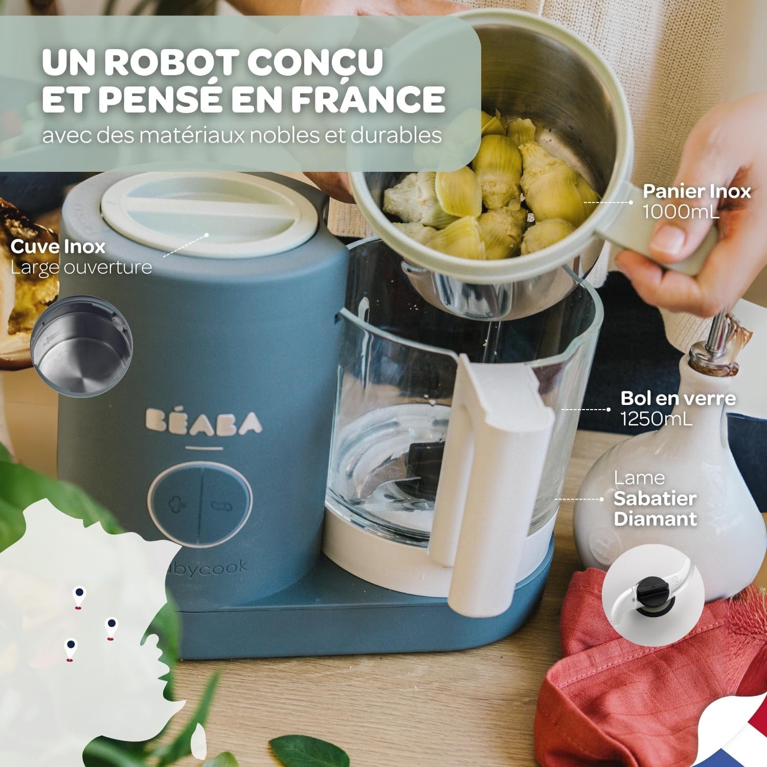 BÉABA, Babycook Néo, Mixeur Cuiseur Vapeur 6 en 1, Robot Bebe Fabriqué en France, Bol en Verre, Cuve Inox, Grande contenance, Diversification alimentaire, Petits pots bébé maison, Rapide, Eucalyptus