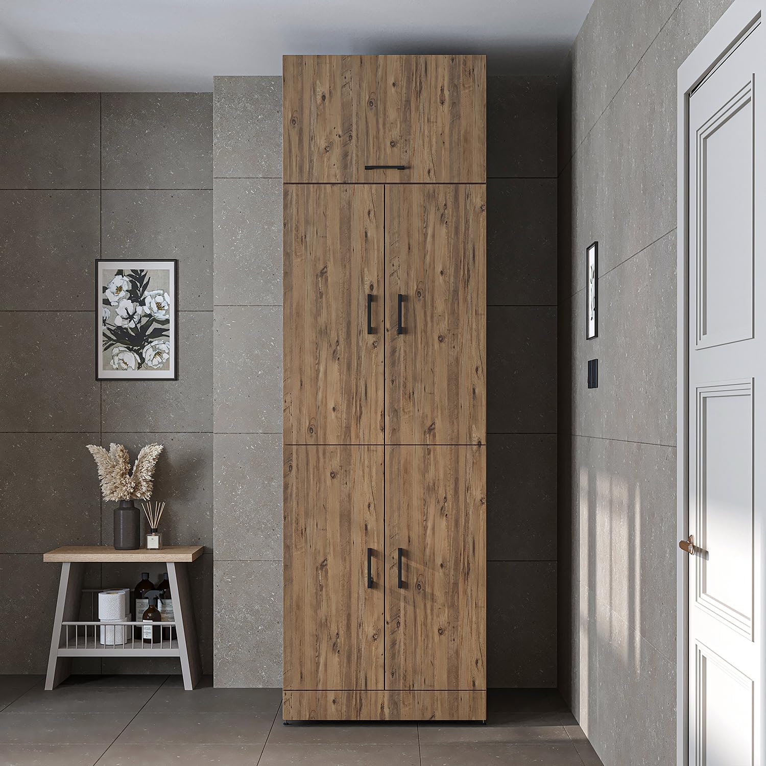 ROOMART Dora Armoire de machine à laver, pour sèche-linge et machine à laver, en 4 couleurs, avec portes et planche coulissante (chêne anthracite)