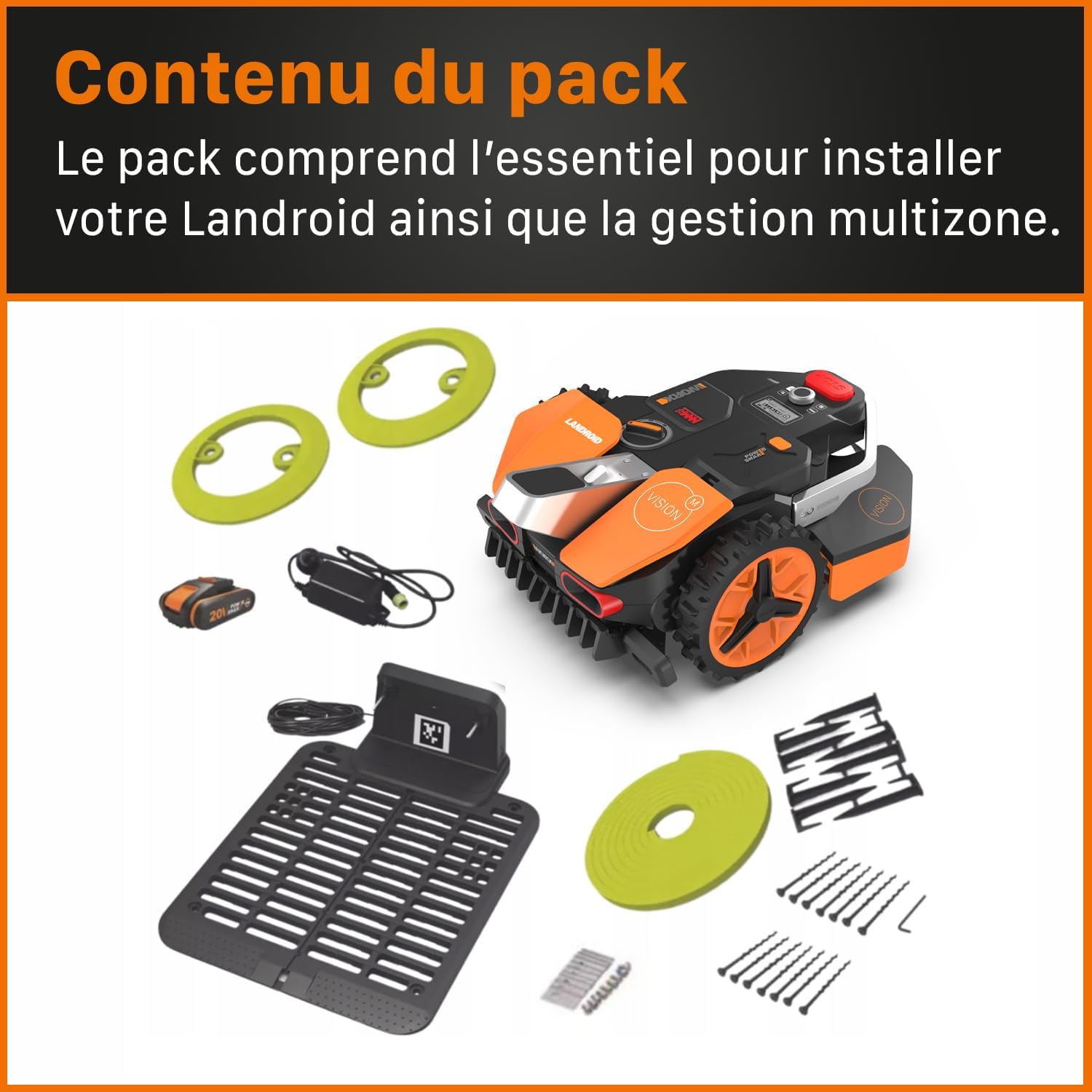WORX LANDROID Vision WR206E.1, Robot Tondeuse sans Fil périphérique 600 m² Surf.Max 700 m², Installation en 30 Min, Caméra 4K + IA Adaptative, évite Tous Les Obstacles, Coupe des Bordures, Multizone