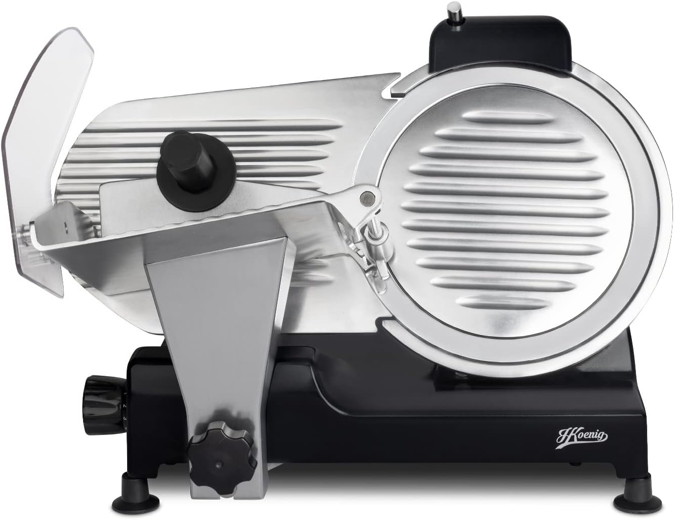 H.Koenig Trancheuse électrique à viande MSX254, charcuterie, professionnelle, précise,coupe 0-12 mm,lame 25 cm,aiguiseur intégré,large plateau,282 rpm, Rouge