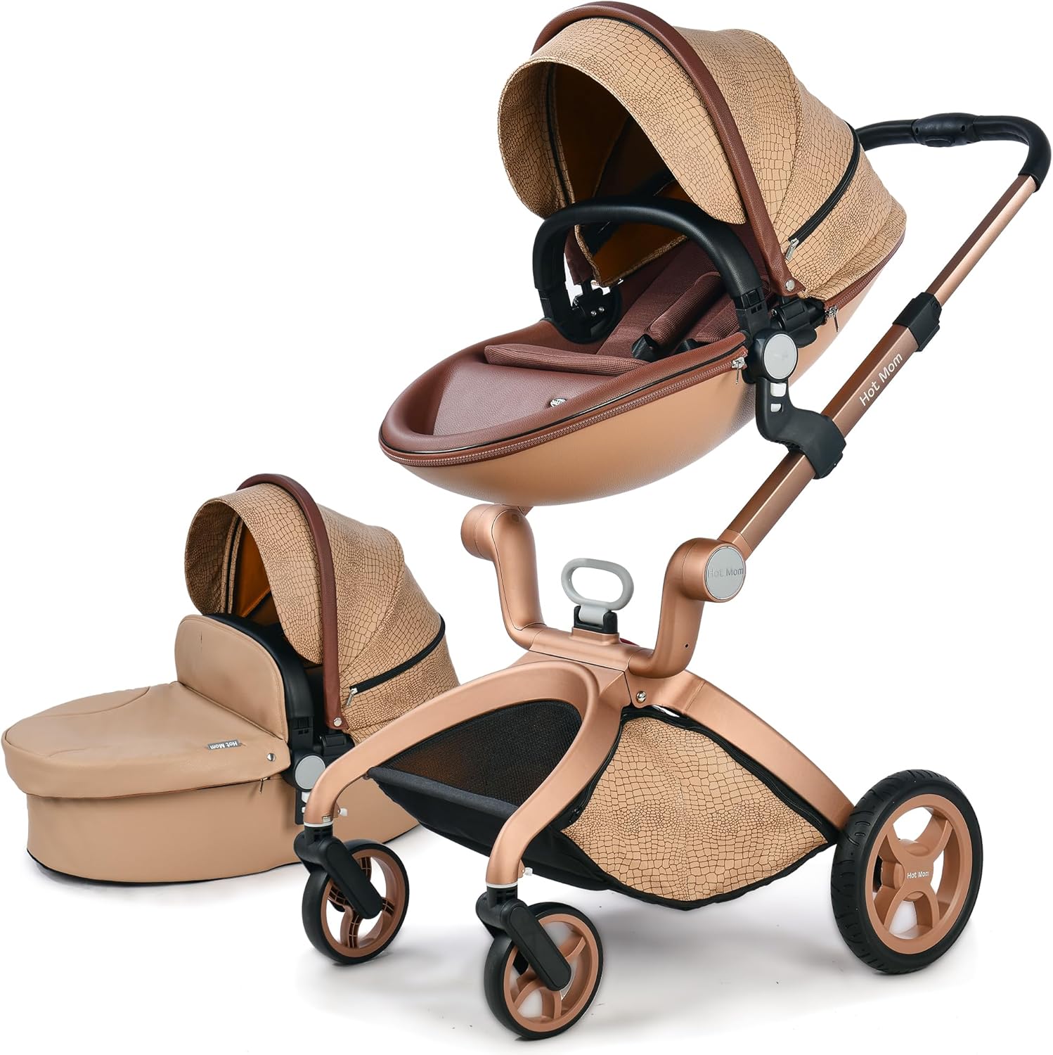 Hot Mom poussette classique combi 3in1 set complet, cadre alu/pneus pleins caoutchouc/pare-pluie/moustiquaire modle F22 (Noir-3, avec siège auto)