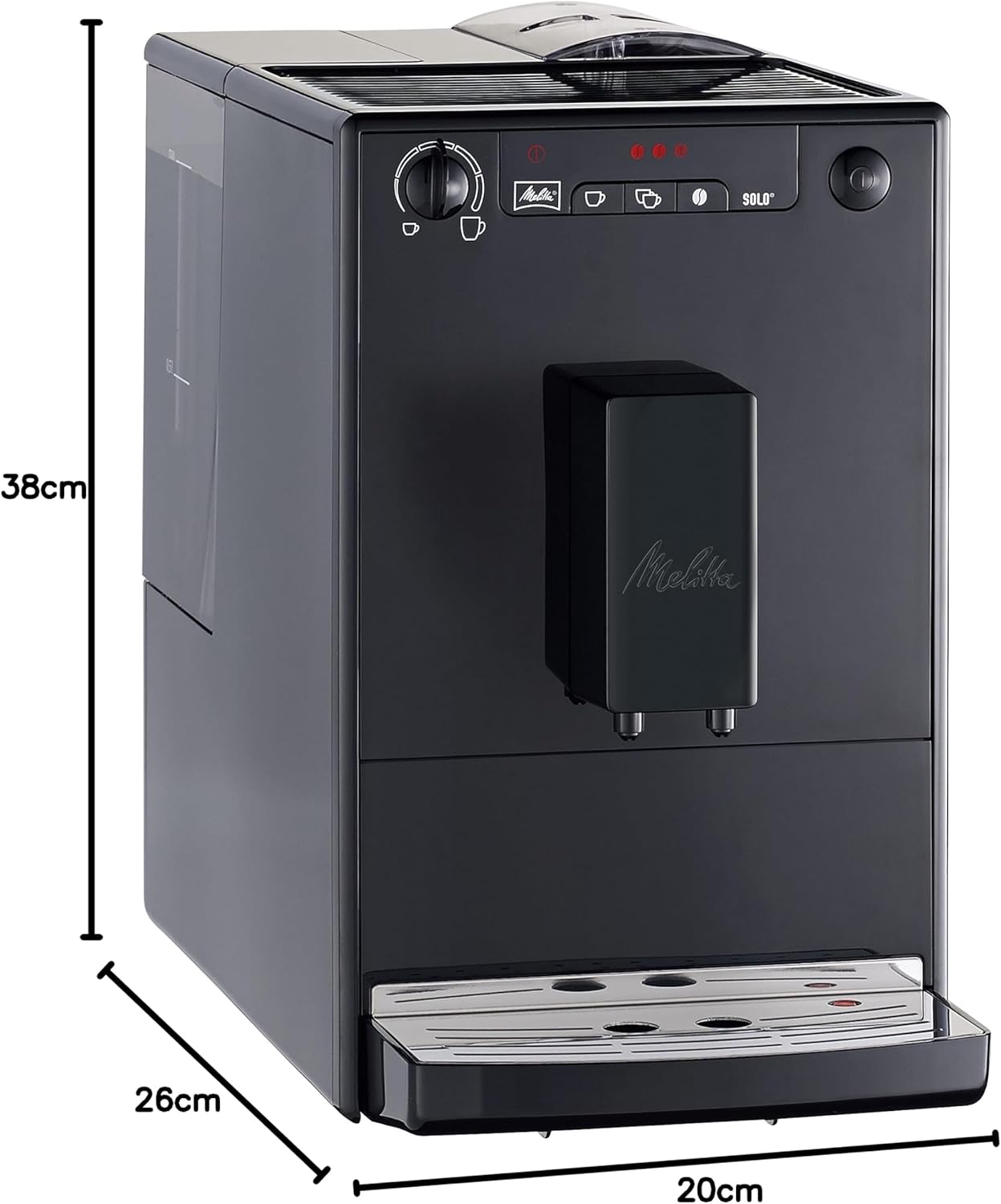 Melitta Caffeo Solo Noir Pure Black, Machine à Café à Grains avec Broyeur et Système d'Extraction des Arômes, Affichage LED, Mode 1 à 2 Tasses, Cafetière Expresso, Automatique, E950-222, 1400W